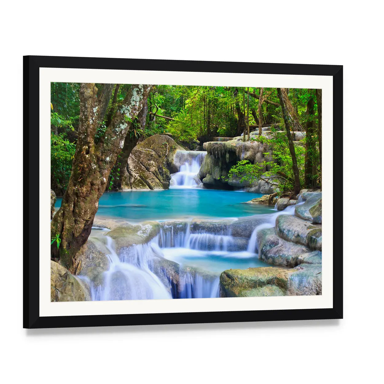 Erawan Waterfall in Kanchanaburi Canvas Wall Art, framed print with white mat and black frame, angled product view
