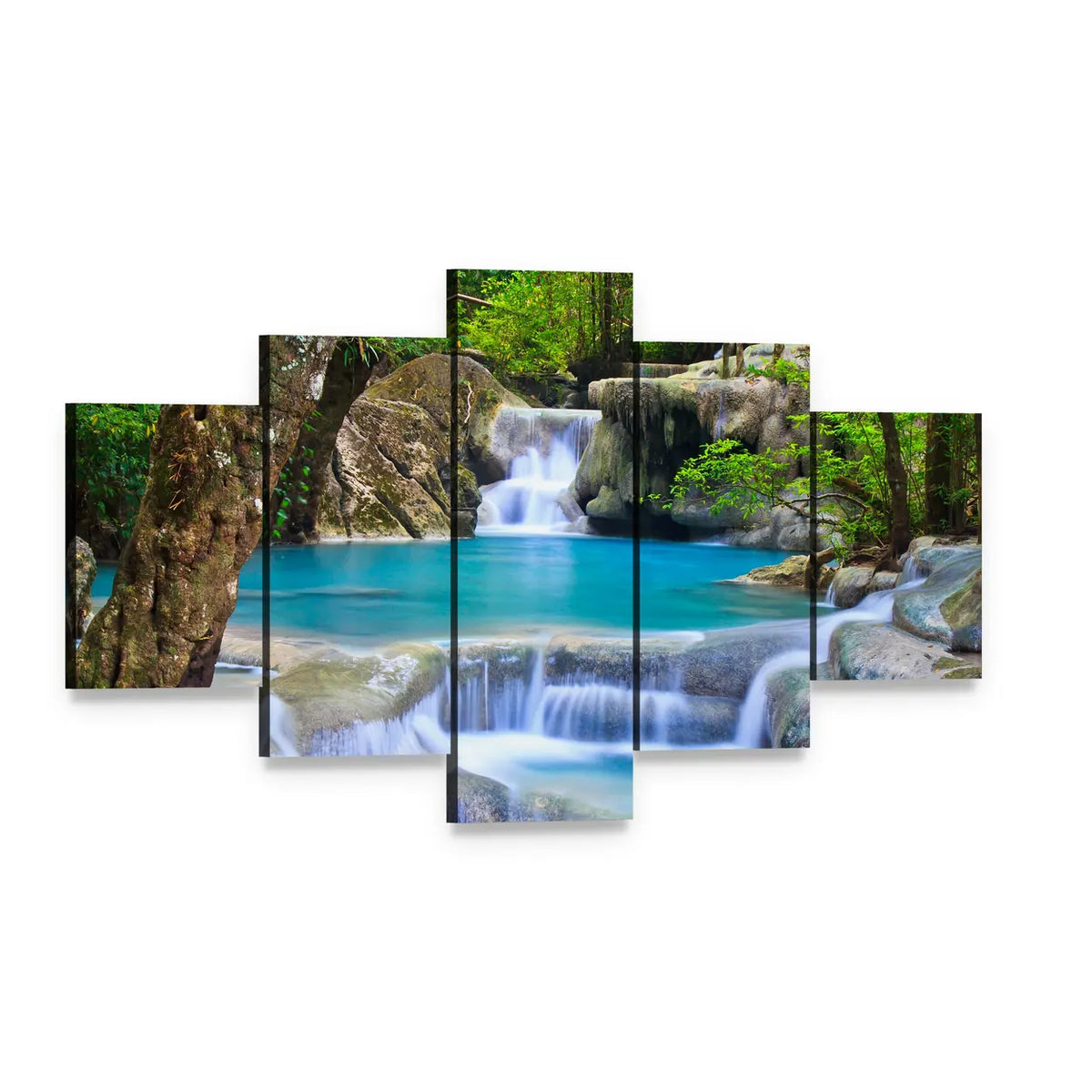 Erawan Waterfall in Kanchanaburi Canvas Wall Art, 5 panel 5 Star layout gallery wrapped canvas set, angled product view