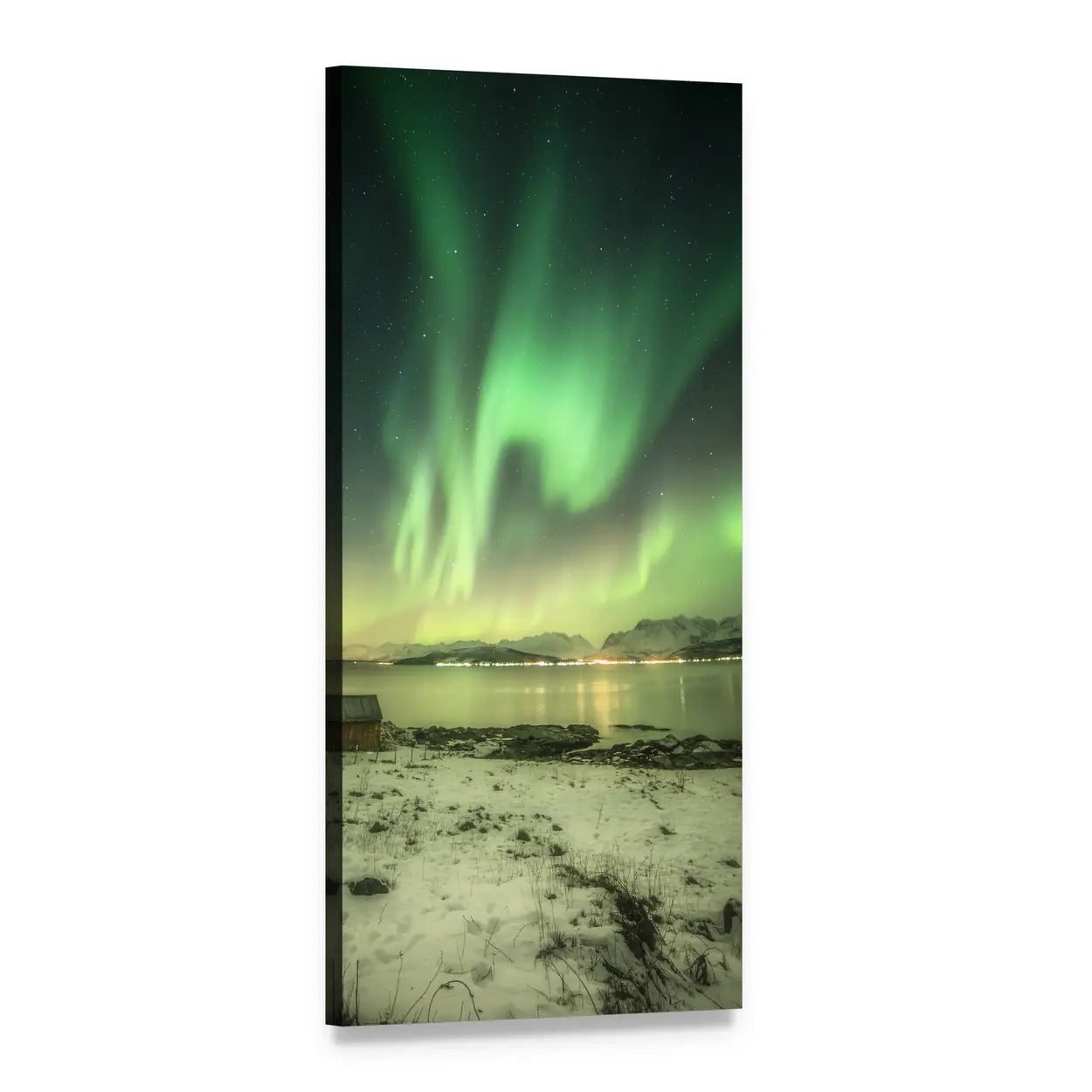 Northern Lights Over House by the Fjord Vertical Canvas Wall Art, 1 panel 1 Vertical layout gallery wrapped canvas set, angled product view