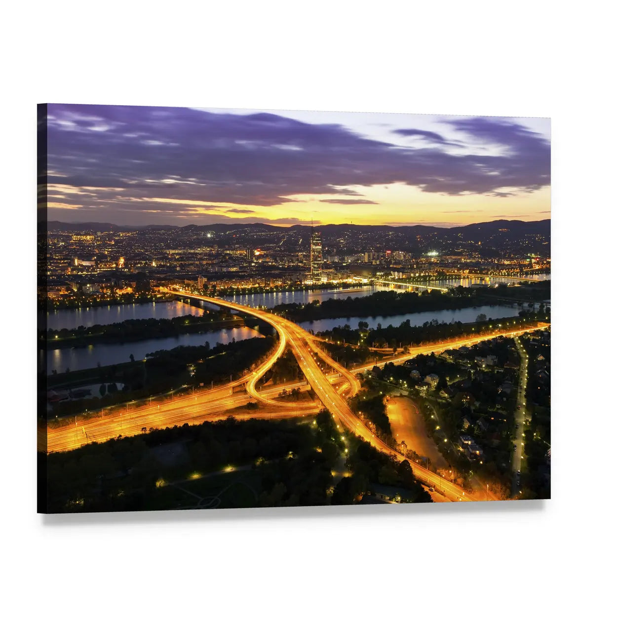 Dusk City Skyline with River Light Trails Canvas Wall Art, single panel gallery wrapped canvas, angled product view