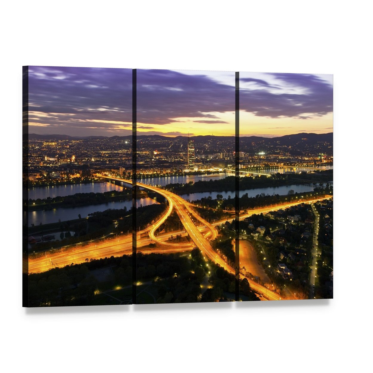 Vienna Twilight Over Danube River Canvas Wall Art, 3 panel 3 Horizontal layout gallery wrapped canvas set, angled product view