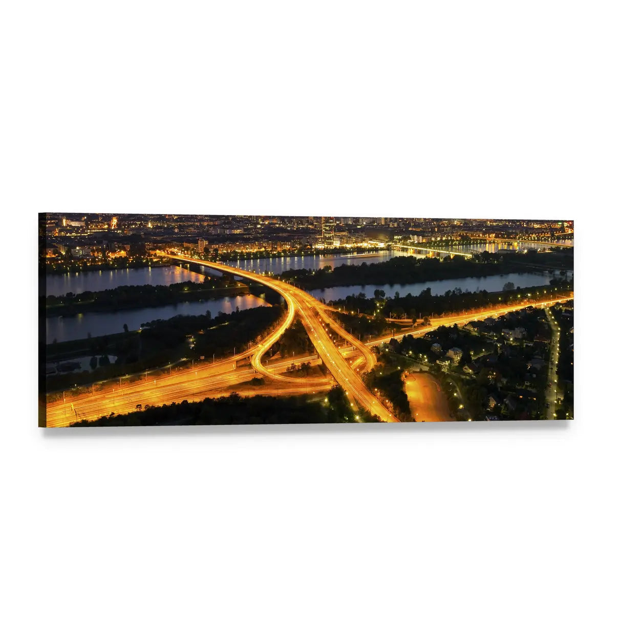 Vienna River and Illuminated Bridges Panoramic Canvas Wall Art, single panel gallery wrapped canvas, angled product view