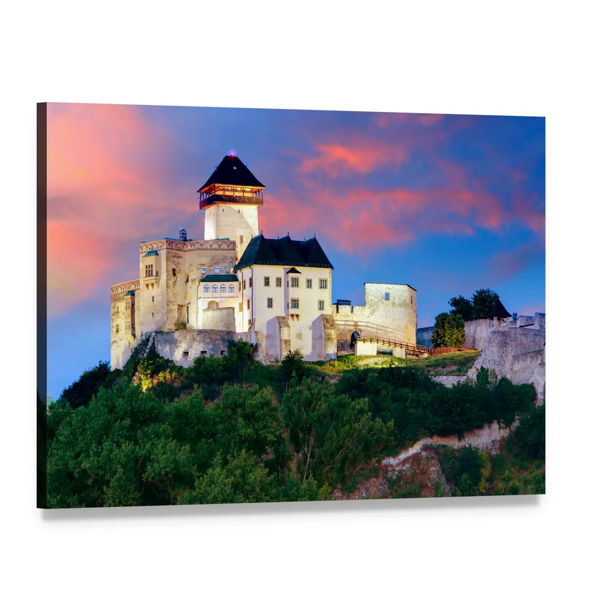Medieval Hilltop Castle at Dusk Canvas Wall Art, single panel gallery wrapped canvas, angled product view