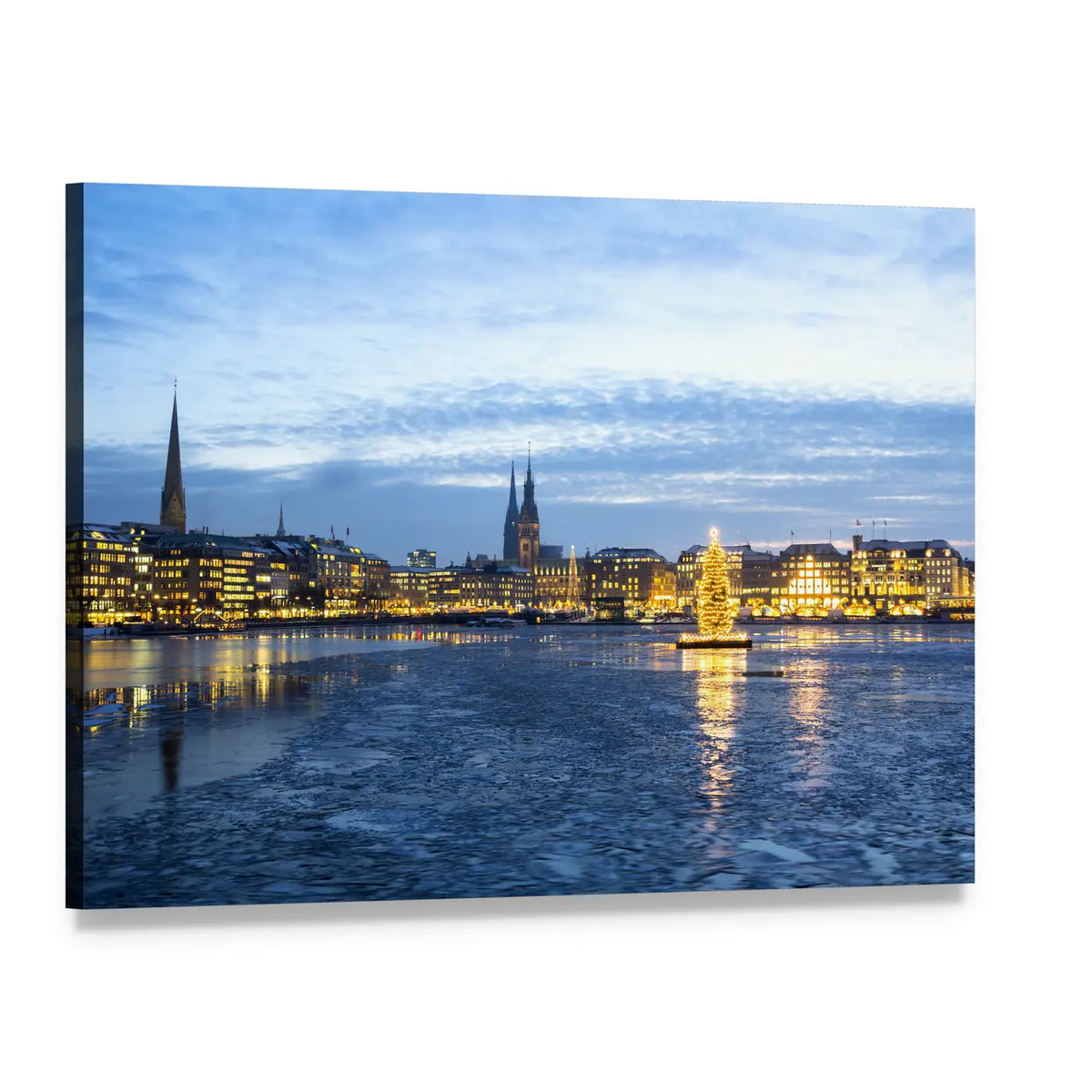 Hamburg Alster Lake at Night Canvas Wall Art, single panel gallery wrapped canvas, angled product view
