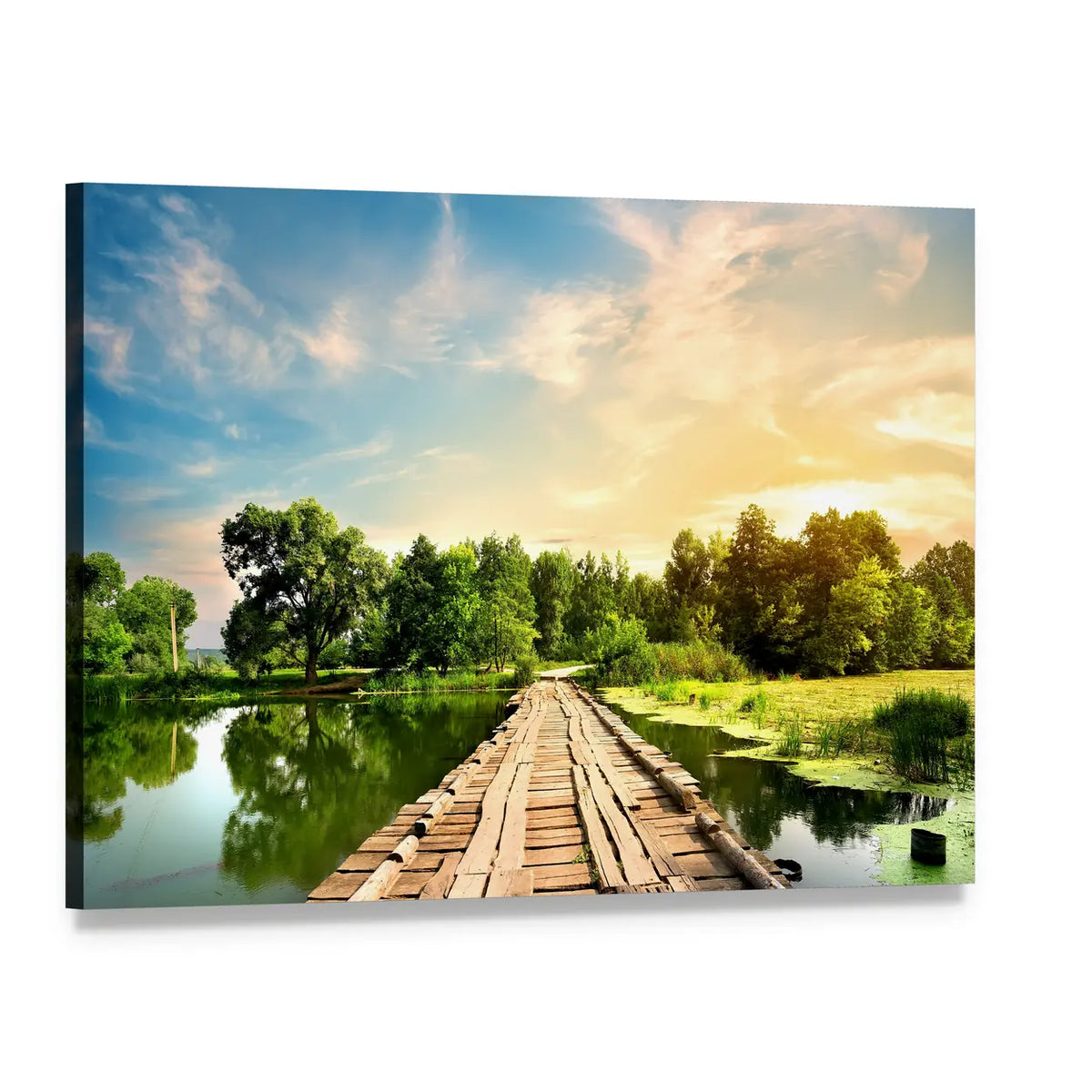 Weathered Wooden Bridge at Sunset Canvas Wall Art, single panel gallery wrapped canvas, angled product view