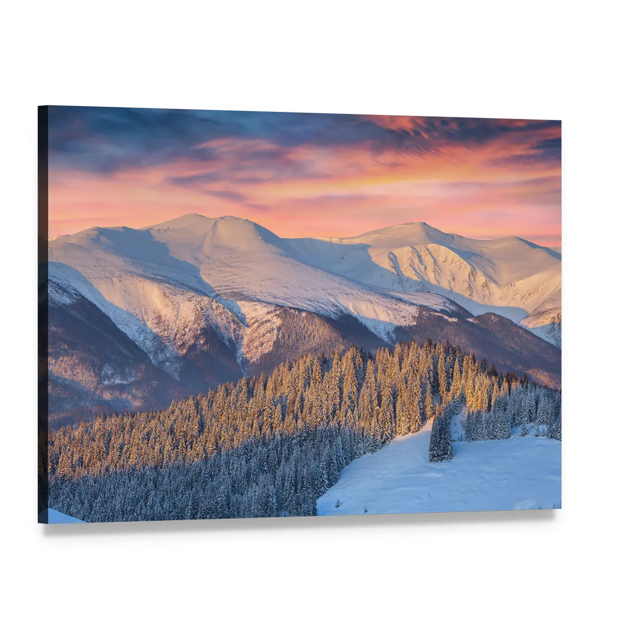 Snow-covered Mountain Sunrise Canvas Wall Art, single panel gallery wrapped canvas, angled product view
