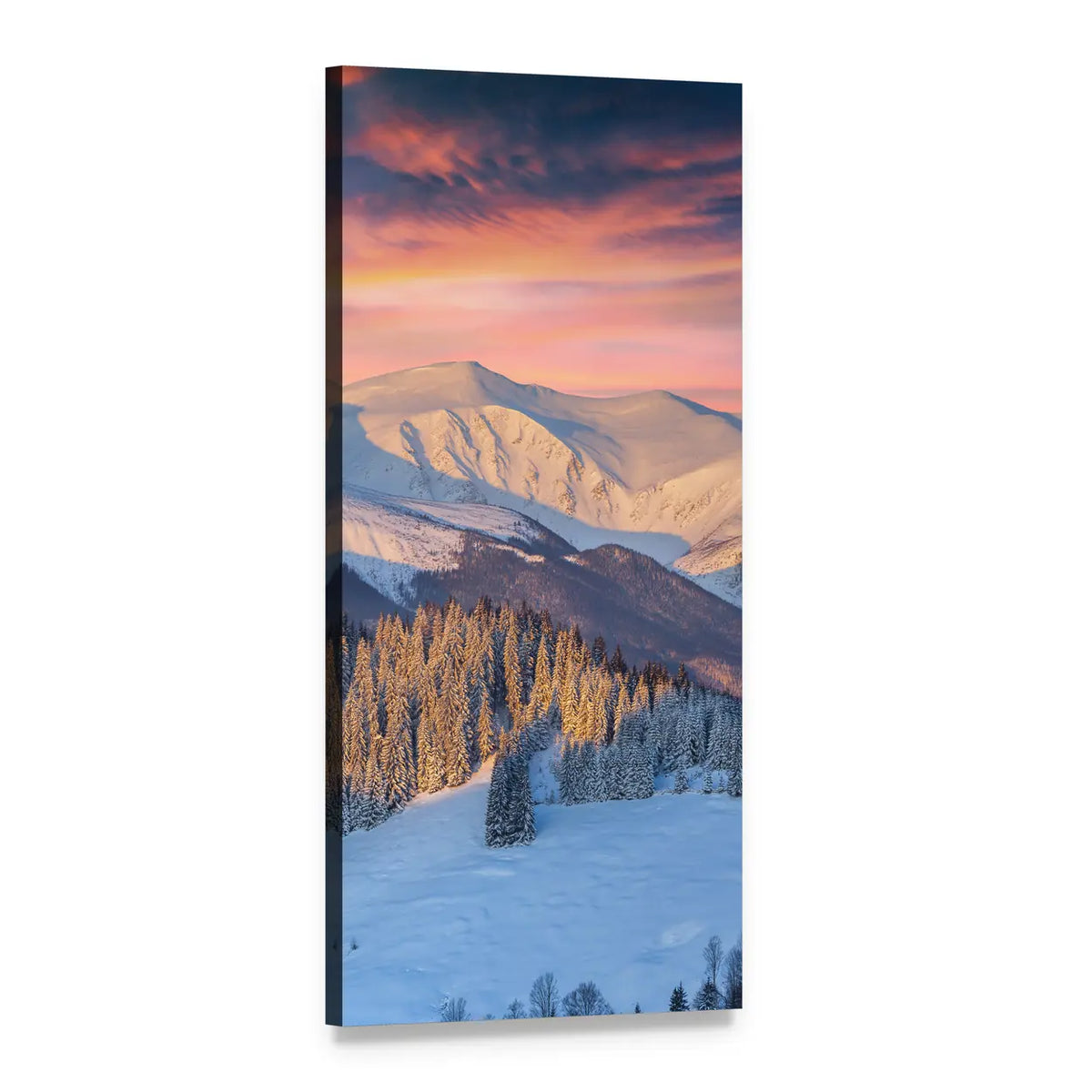 Alpenglow on Snowy Mountain Range Vertical Canvas Wall Art, 1 panel 1 Vertical layout gallery wrapped canvas set, angled product view