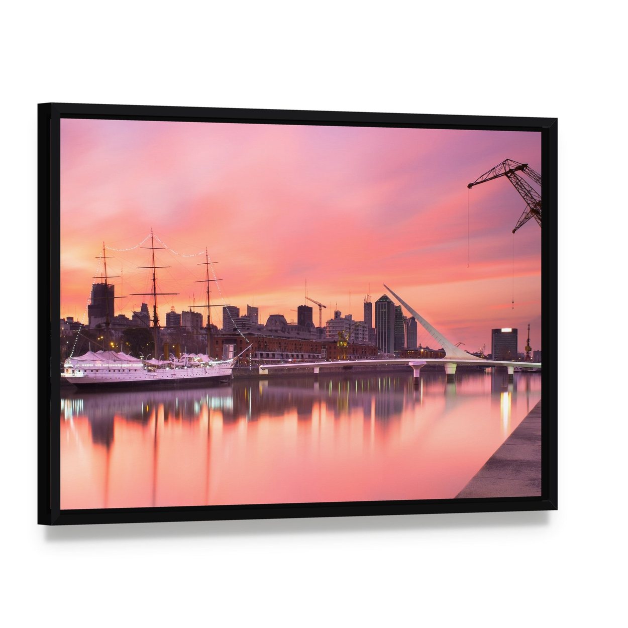 Puerto Madero at Sunset Canvas Wall Art, framed canvas in a black floater frame, angled product view