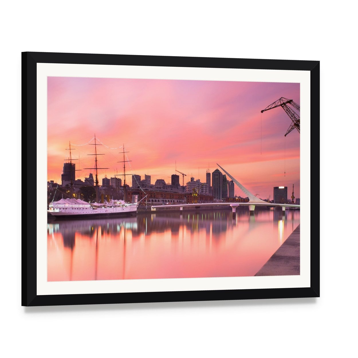 Puerto Madero at Sunset Canvas Wall Art, framed print with white mat and black frame, angled product view