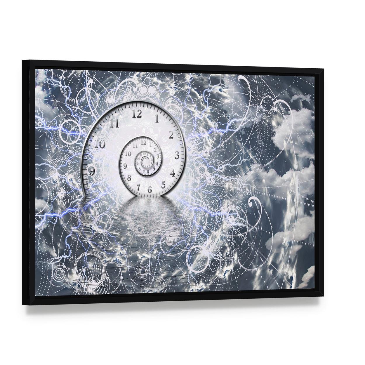 Cosmic Spiral Clock Canvas Wall Art, framed canvas in a black floater frame, angled product view