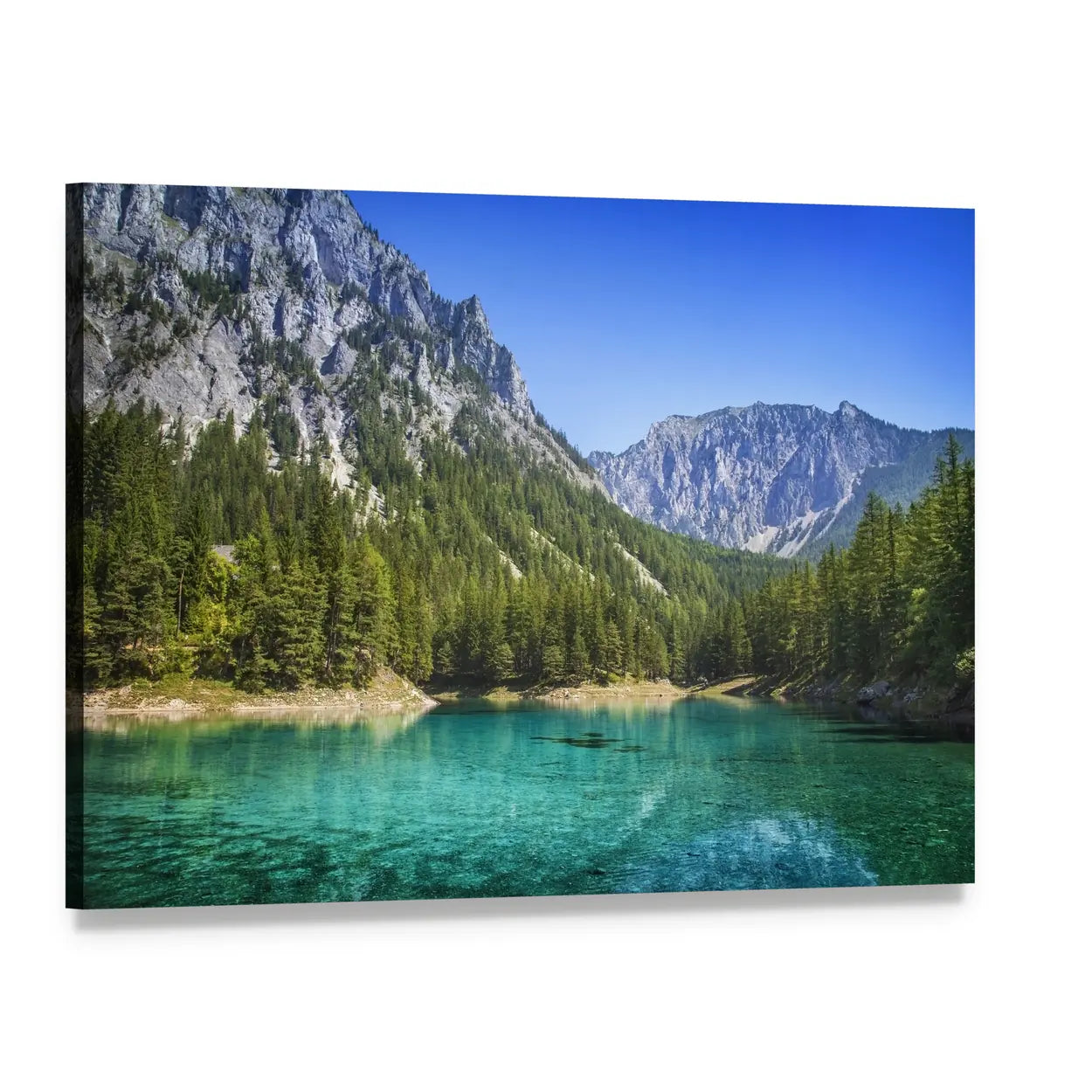 Green Alpine Lake with Turquoise Reflections Canvas Wall Art, single panel gallery wrapped canvas, angled product view