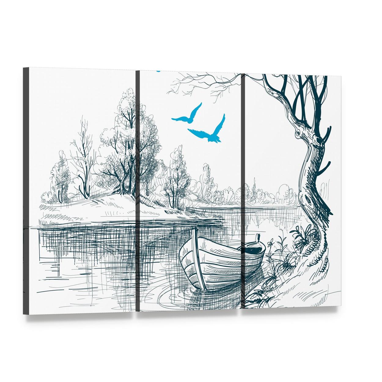 Boat on River Delta Canvas Wall Art, 3 panel 3 Horizontal layout gallery wrapped canvas set, angled product view
