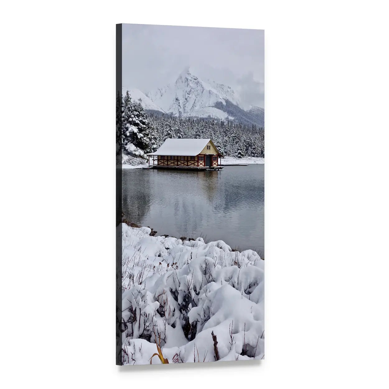 Snowy Cabin by Mountain Lake Vertical Canvas Wall Art, 1 panel 1 Vertical layout gallery wrapped canvas set, angled product view