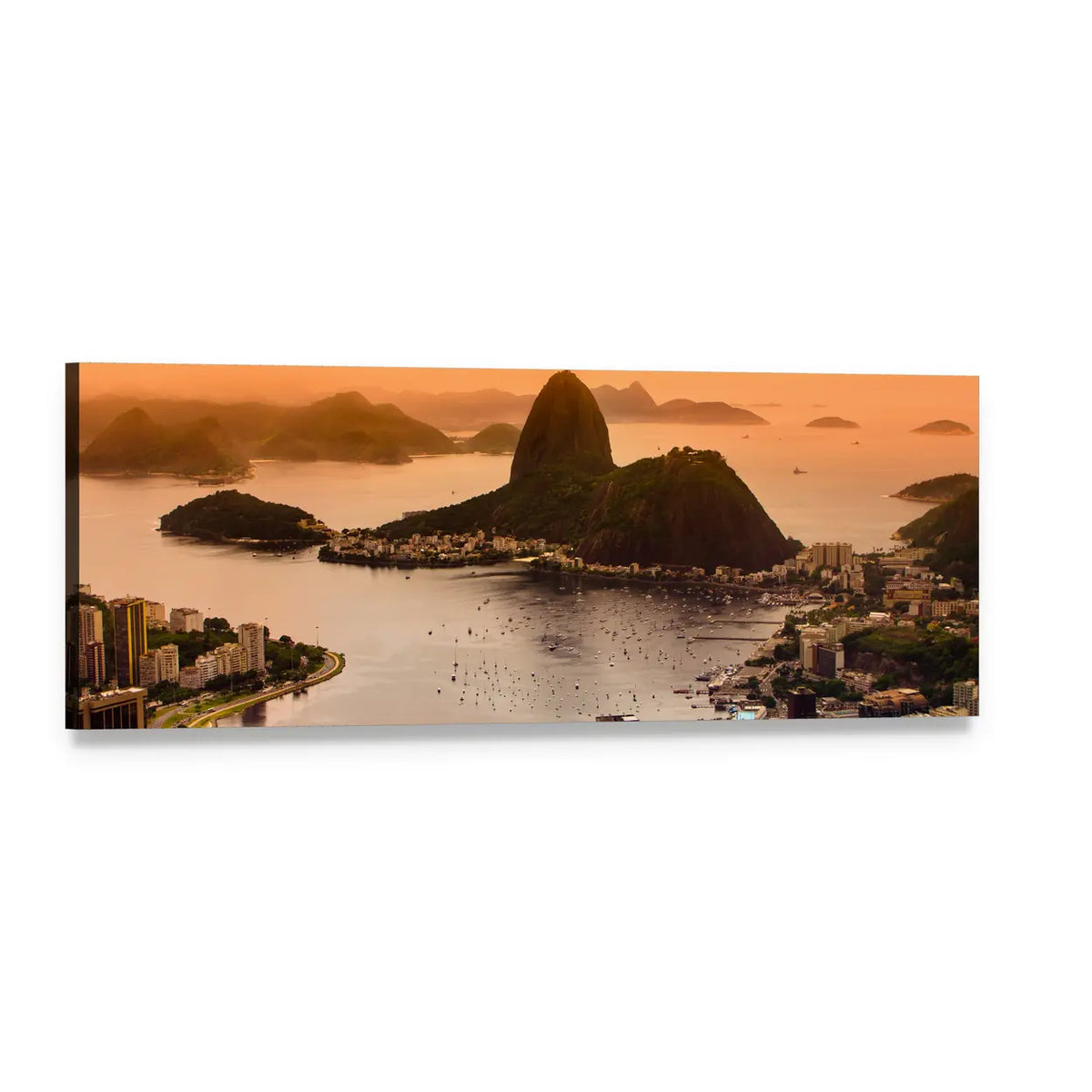 Sugarloaf and Botafogo Beach at Sunset Panoramic Canvas Wall Art, single panel gallery wrapped canvas, angled product view