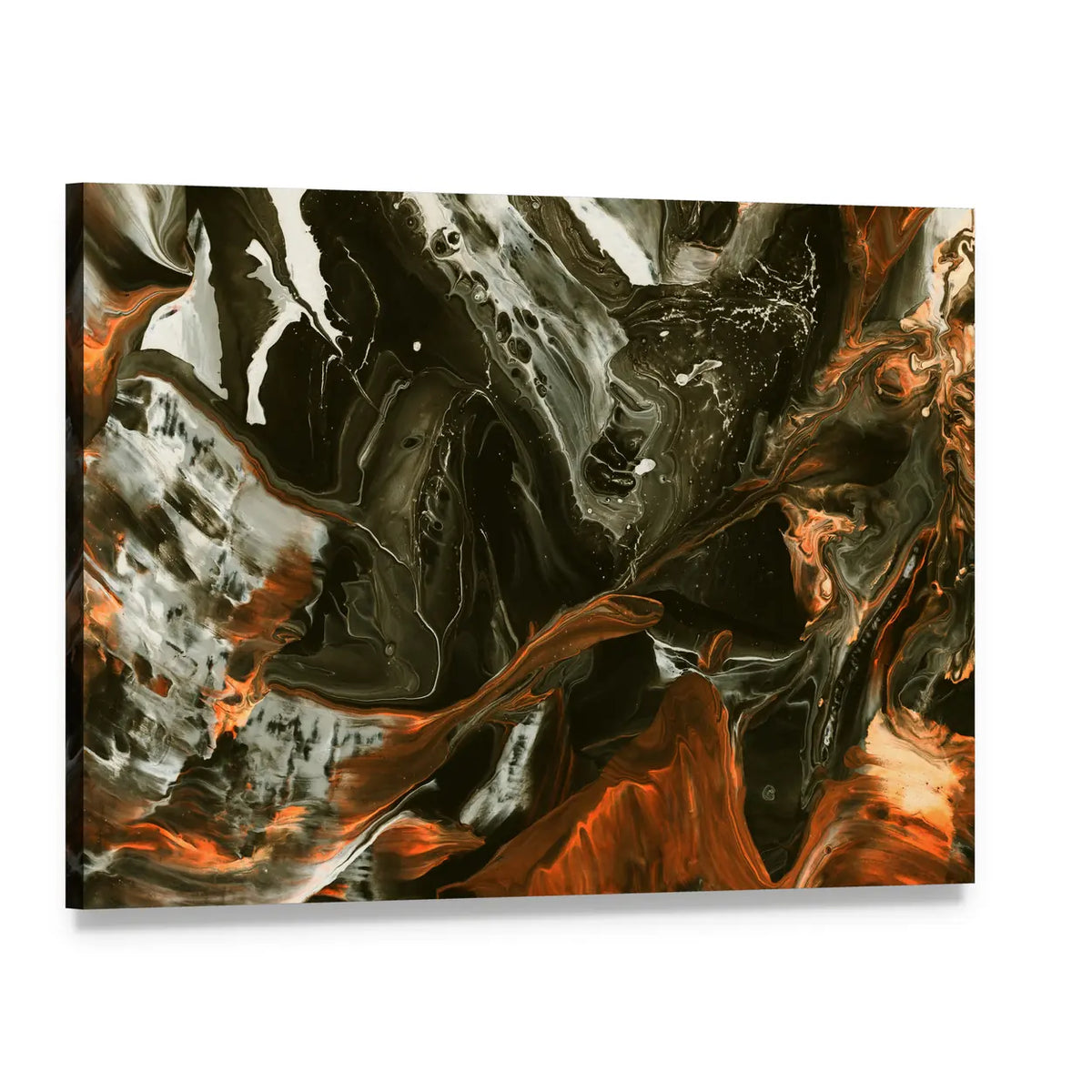 Black and Burnt Orange Marbled Abstract Canvas Wall Art, single panel gallery wrapped canvas, angled product view