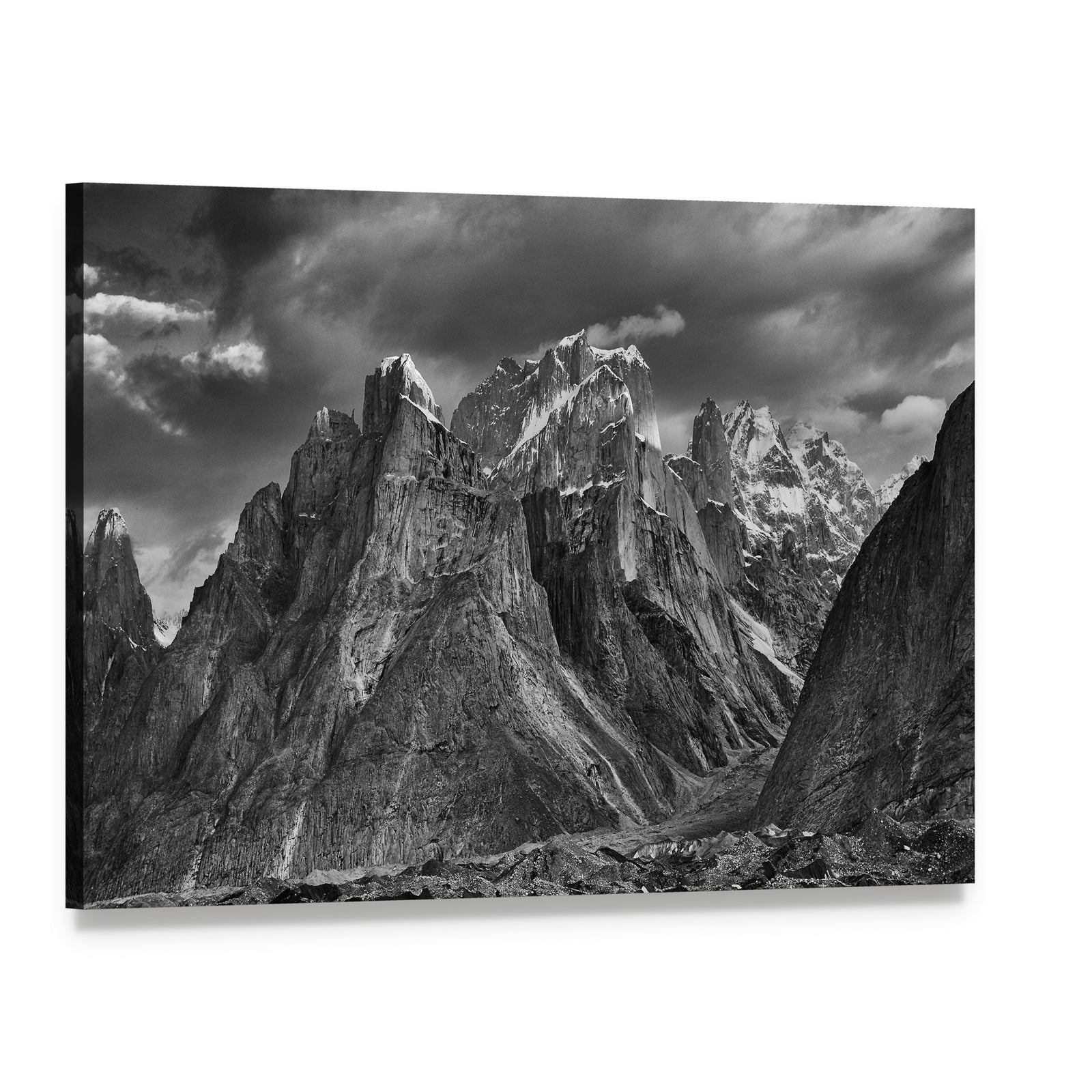 Trango Towers Beneath Dramatic Clouds Canvas Wall Art, single panel gallery wrapped canvas, angled product view