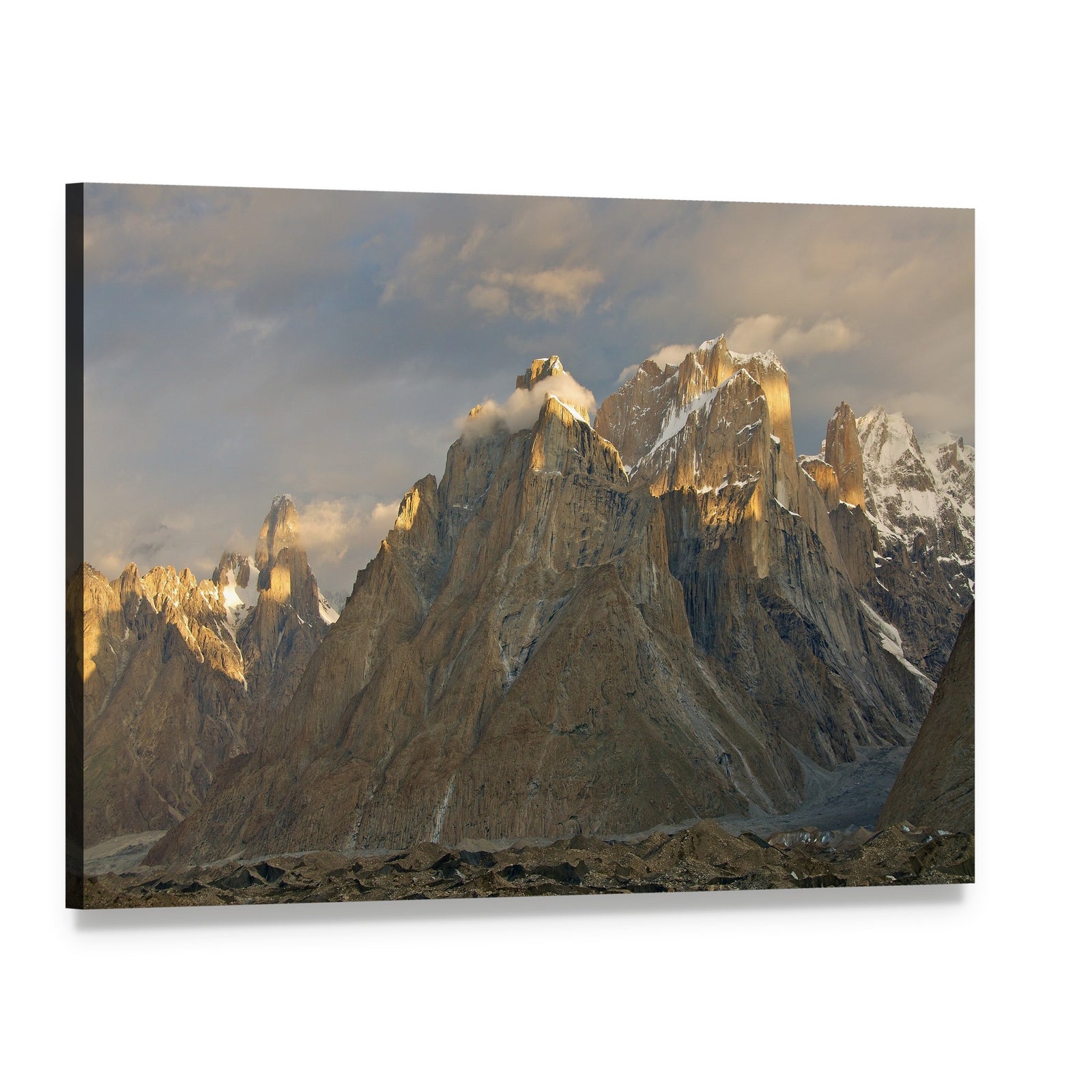 Trango Towers in Evening Light Canvas Wall Art, single panel gallery wrapped canvas, angled product view