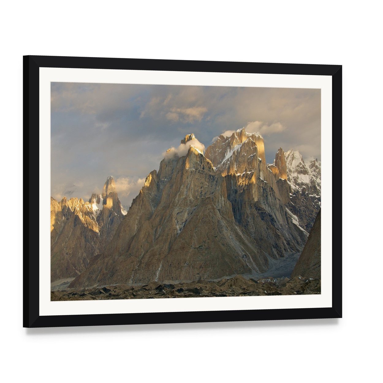 Trango Towers in Evening Light Canvas Wall Art, framed print with white mat and black frame, angled product view