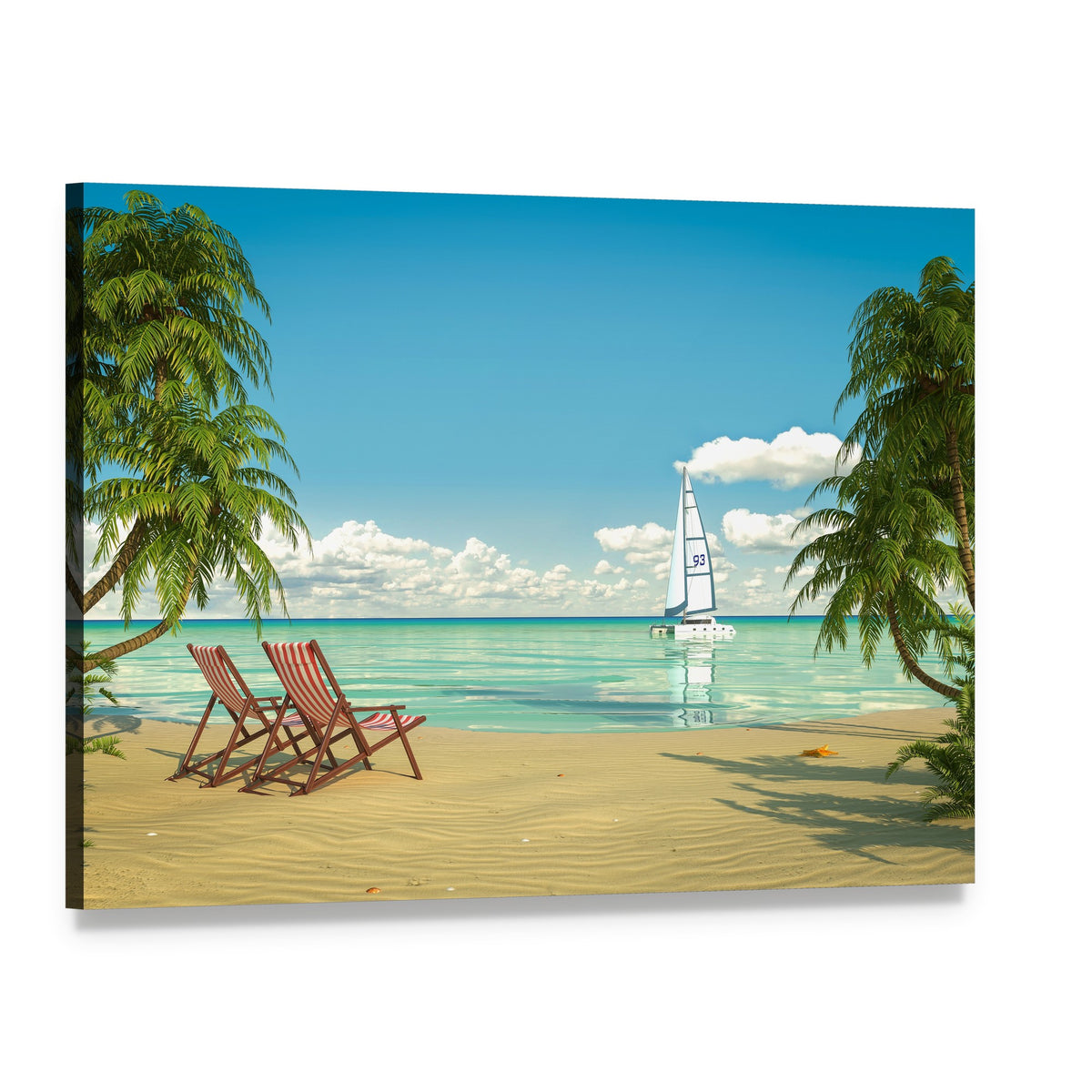 Caribbean Beach with Chairs and Sailboat Canvas Wall Art, single panel gallery wrapped canvas, angled product view