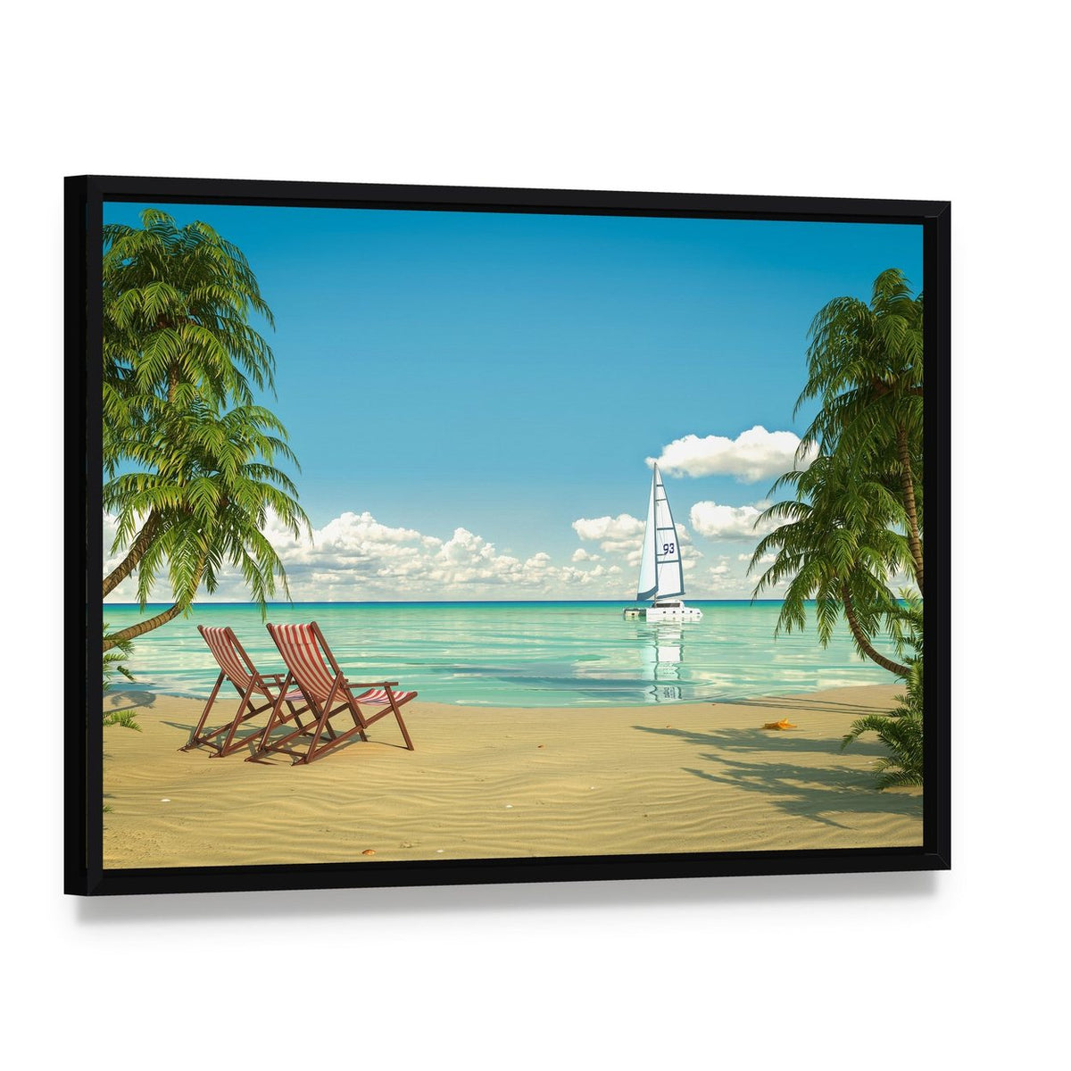 Caribbean Beach with Chairs and Sailboat Canvas Wall Art, framed canvas in a black floater frame, angled product view