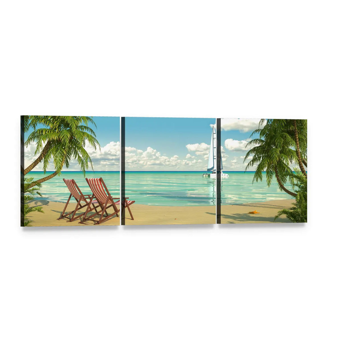 Caribbean Beach View Panoramic Canvas Wall Art, 3 panel 3 Piece layout gallery wrapped canvas set, angled product view