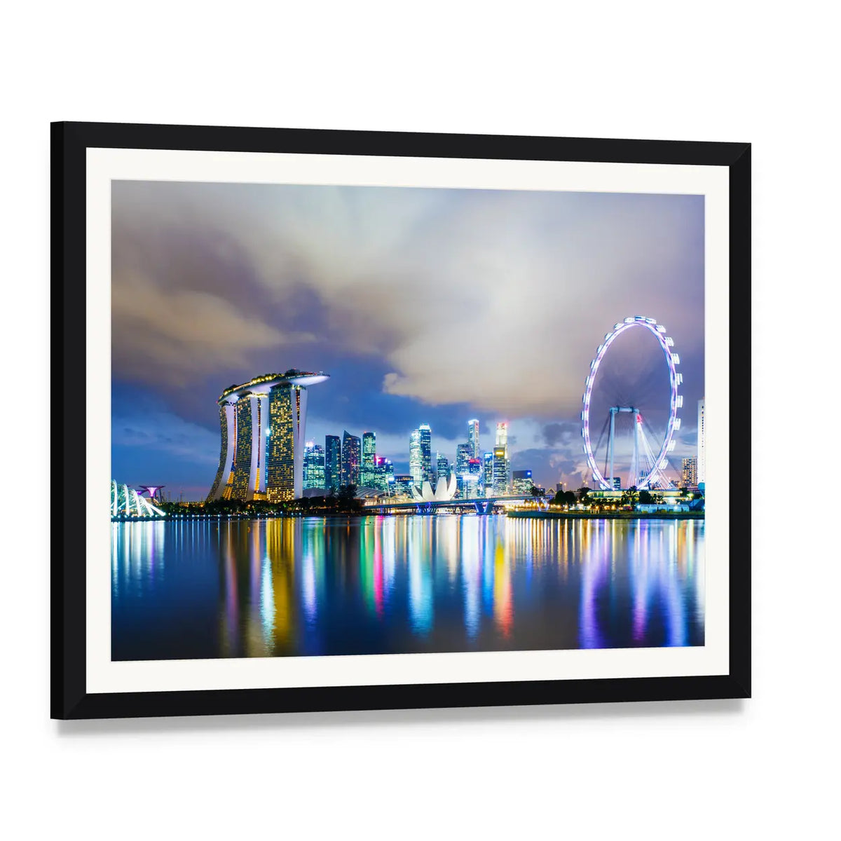 Singapore Skyline at Night Canvas Wall Art, framed print with white mat and black frame, angled product view