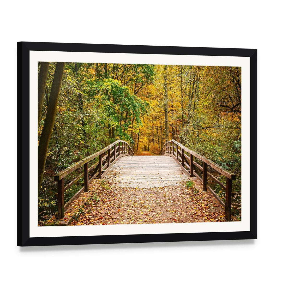 Wooden Bridge in the Autumn Forest Canvas Wall Art, framed print with white mat and black frame, angled product view