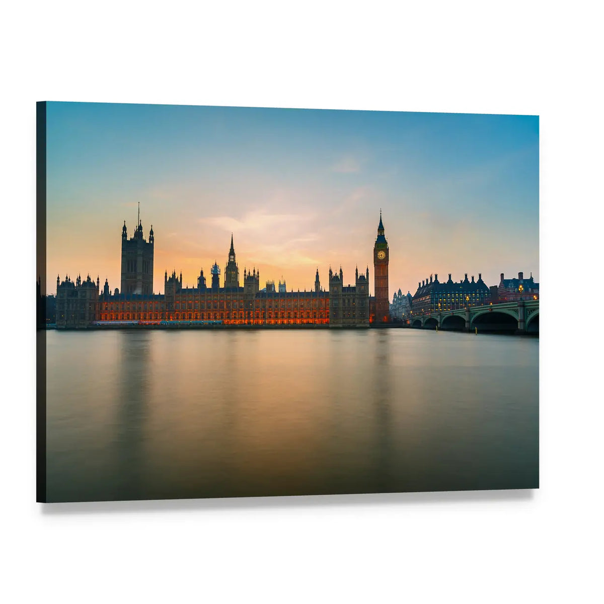 Big Ben at Dusk Over the Thames Canvas Wall Art, single panel gallery wrapped canvas, angled product view