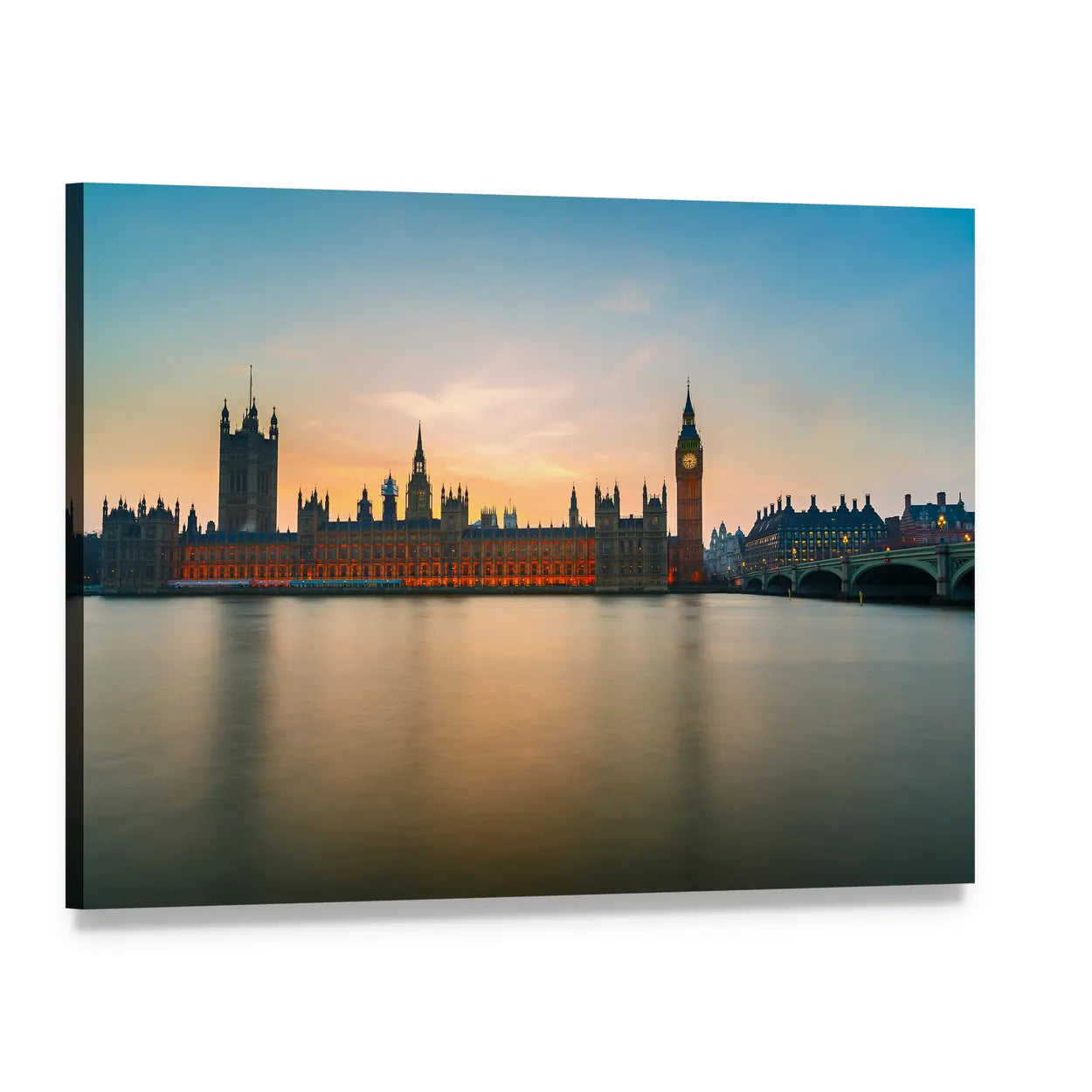 Big Ben at Dusk Over the Thames Canvas Wall Art, single panel gallery wrapped canvas, angled product view