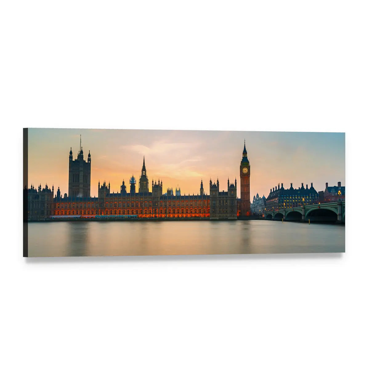 Big Ben and Westminster at Twilight Panoramic Canvas Wall Art, single panel gallery wrapped canvas, angled product view