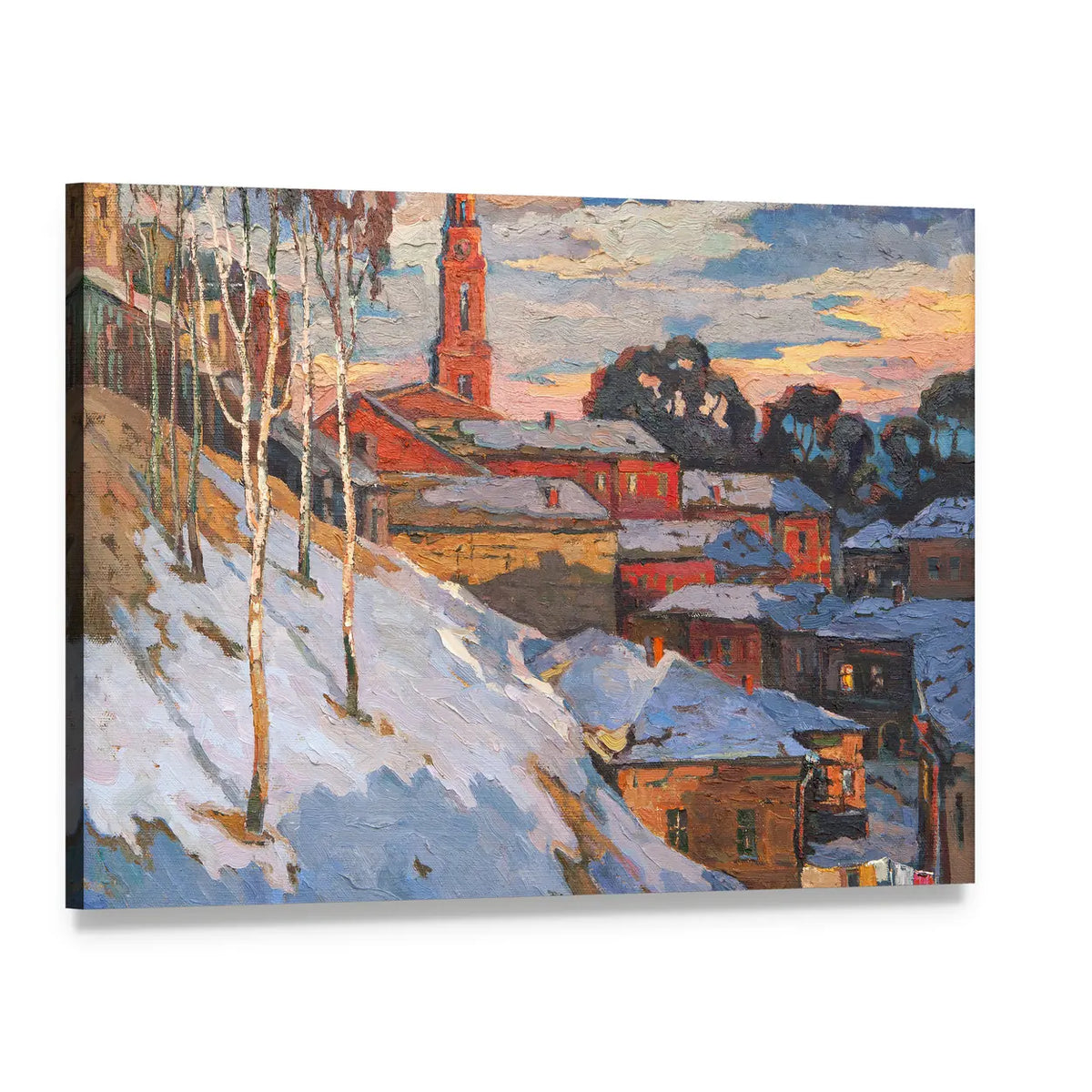 Snowy Hillside Town with Belfry Tower Canvas Wall Art, single panel gallery wrapped canvas, angled product view