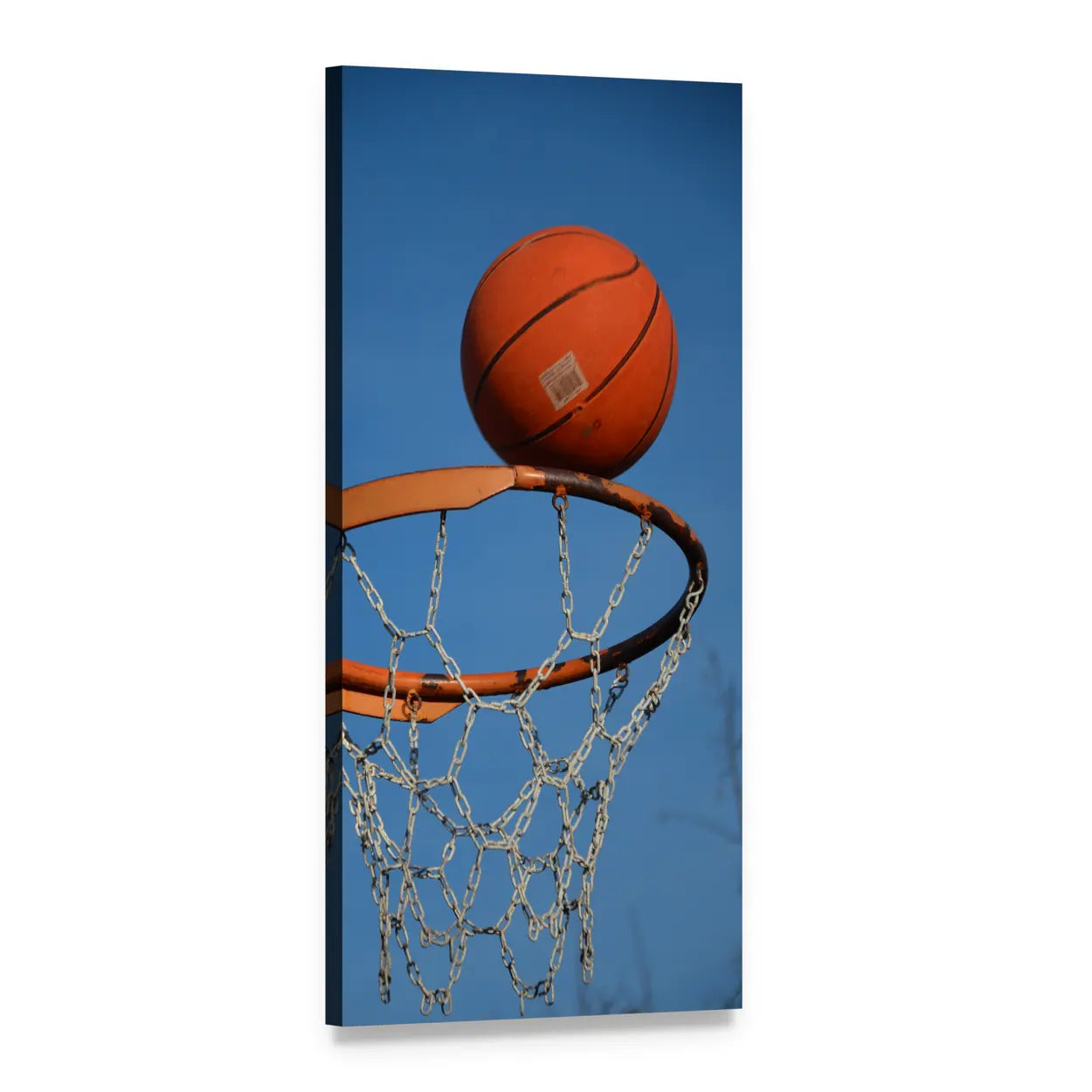 Basketball Balanced on Rim Vertical Canvas Wall Art, 1 panel 1 Vertical layout gallery wrapped canvas set, angled product view