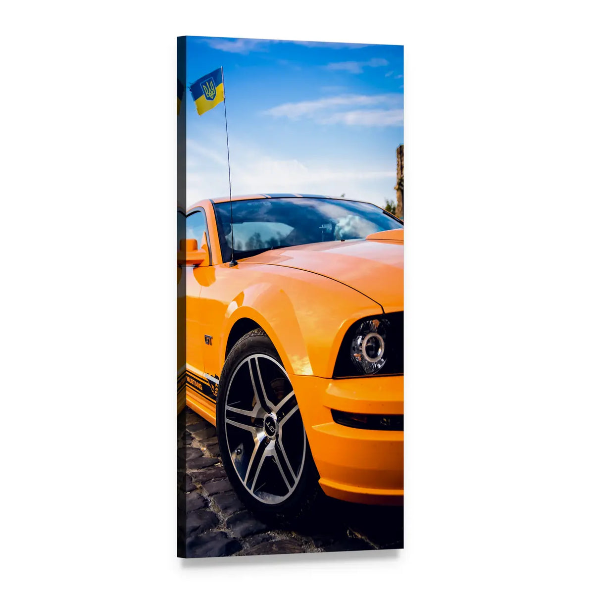 Orange Mustang Gt on Cobblestone Street Vertical Canvas Wall Art, 1 panel 1 Vertical layout gallery wrapped canvas set, angled product view