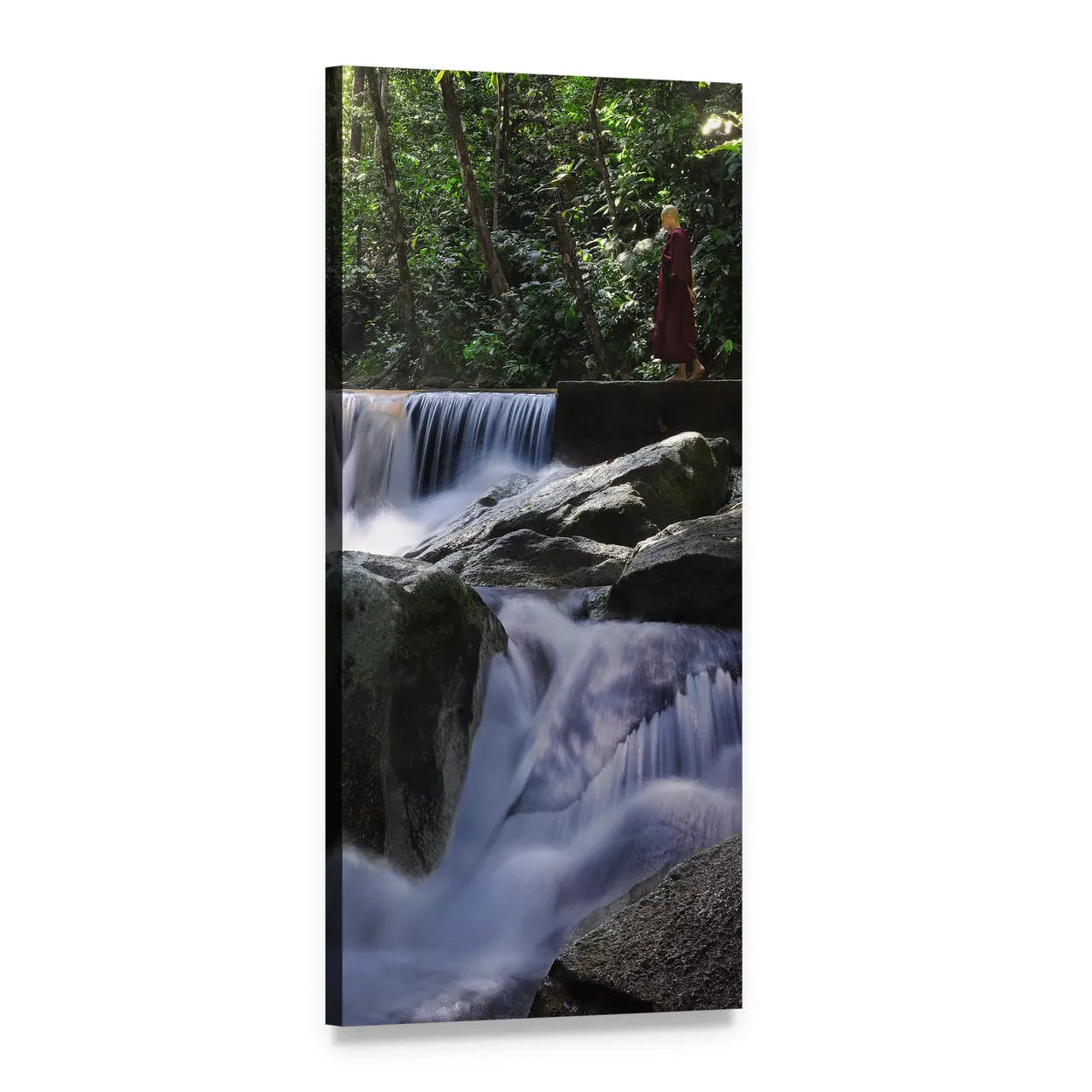 Monk in Red Robe Above Waterfall Vertical Canvas Wall Art, 1 panel 1 Vertical layout gallery wrapped canvas set, angled product view