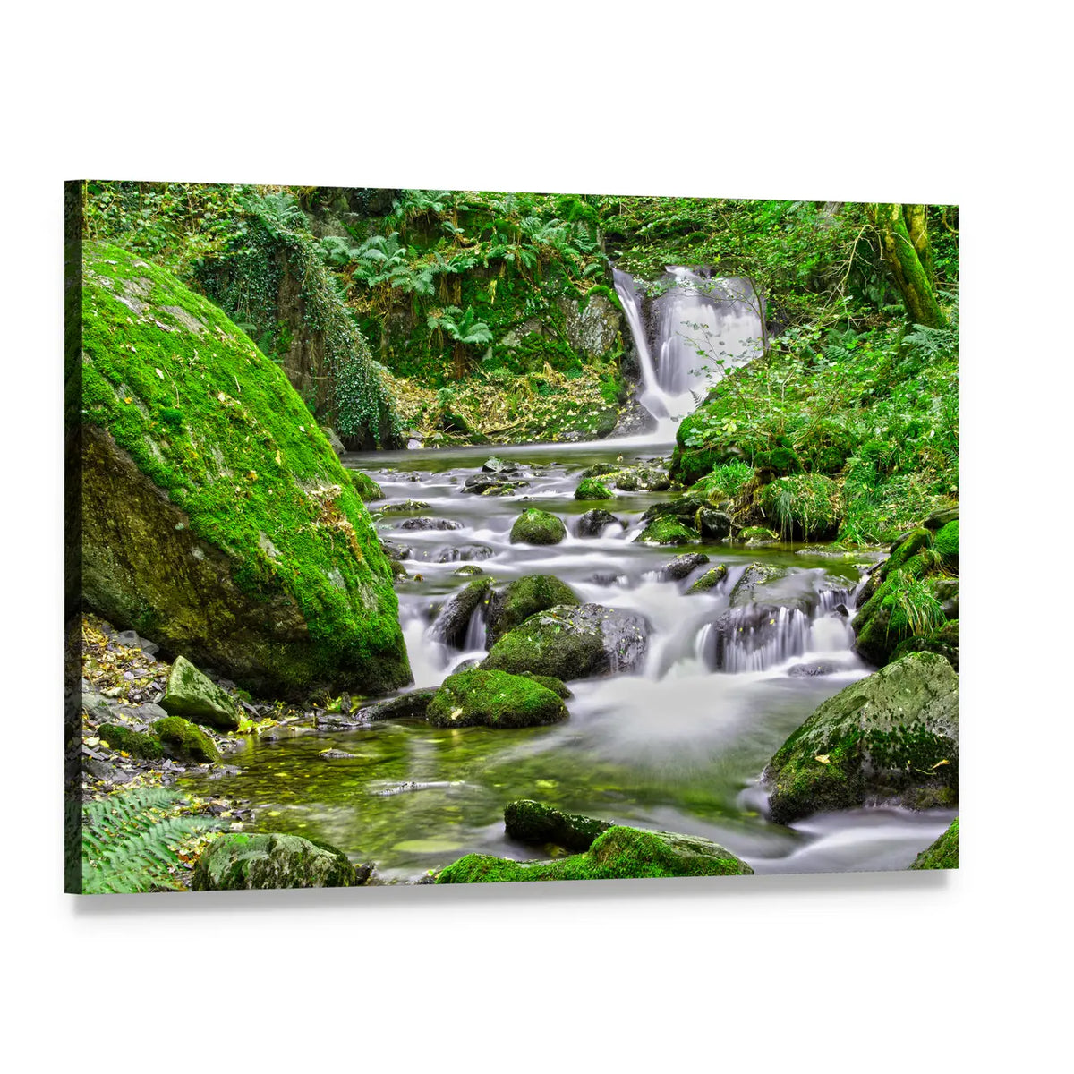 Tranquil Forest Stream And Waterfall Canvas Wall Art, single panel gallery wrapped canvas, angled product view