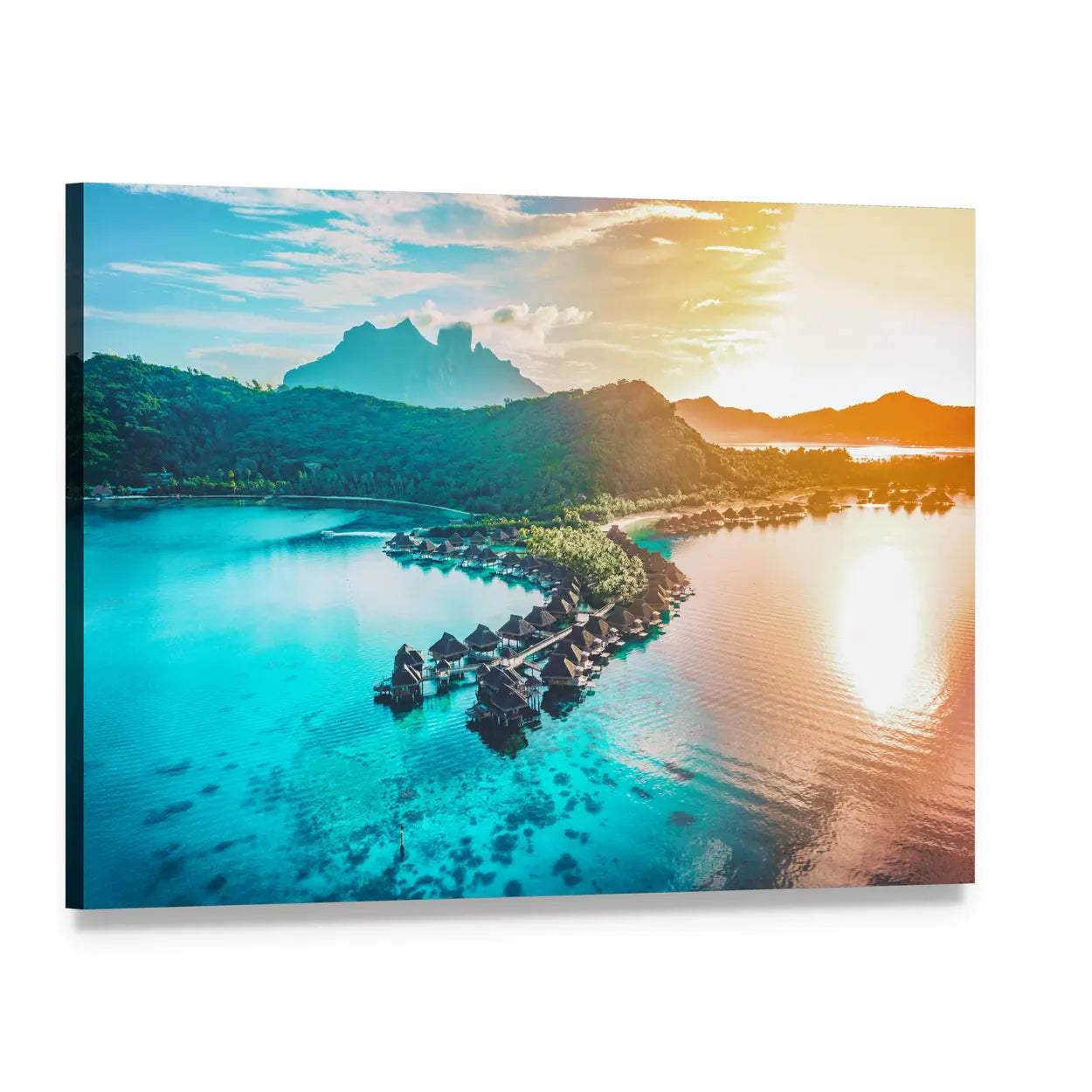Bora Bora Overwater Bungalows at Sunset Canvas Wall Art, single panel gallery wrapped canvas, angled product view