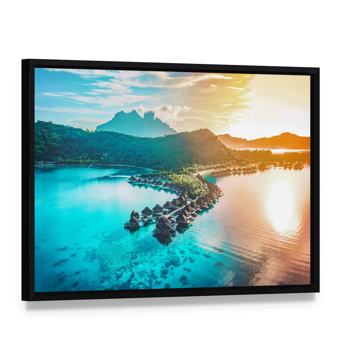 Bora Bora Overwater Bungalows at Sunset Canvas Wall Art, framed canvas in a black floater frame, angled product view