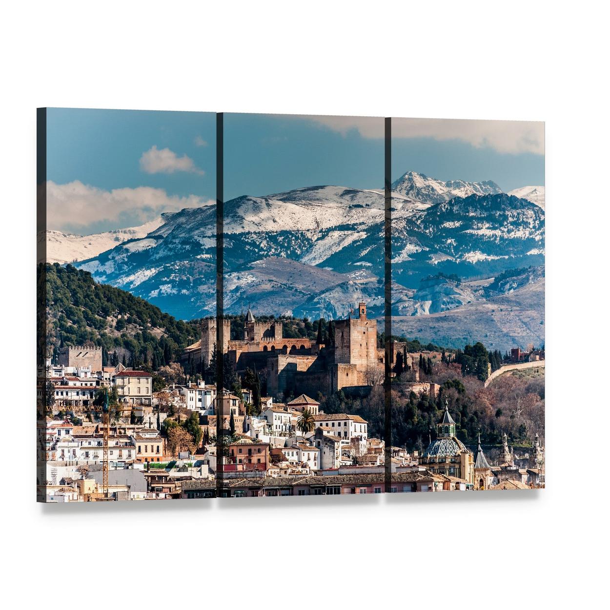 Winter View of Alhambra Canvas Wall Art, 3 panel 3 Horizontal layout gallery wrapped canvas set, angled product view