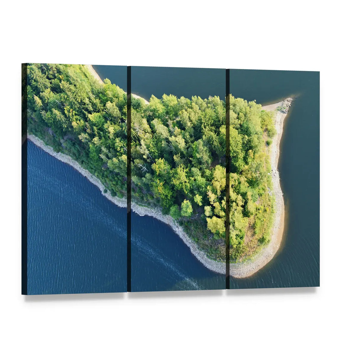 Aerial View of Island Coastline Canvas Wall Art, 3 panel 3 Horizontal layout gallery wrapped canvas set, angled product view