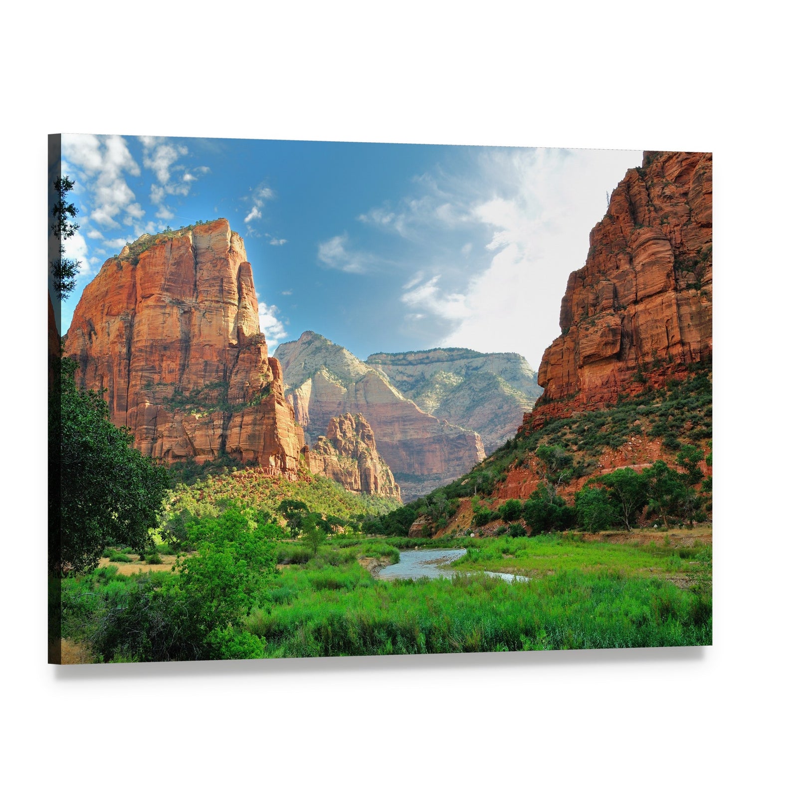 Sunlit Canyon with Winding River Canvas Wall Art, single panel gallery wrapped canvas, angled product view