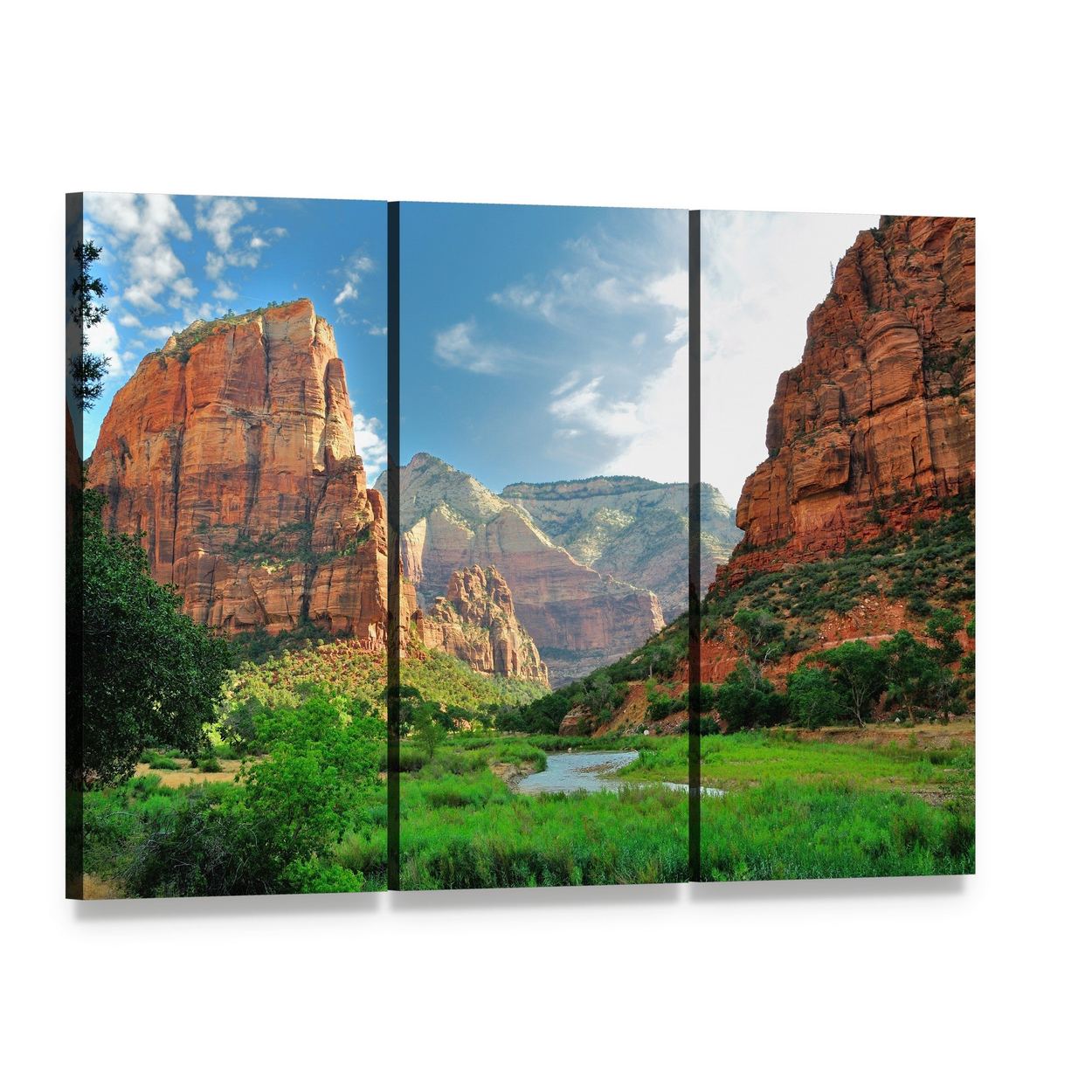 Sunlit Canyon with Winding River Canvas Wall Art, 3 panel 3 Horizontal layout gallery wrapped canvas set, angled product view