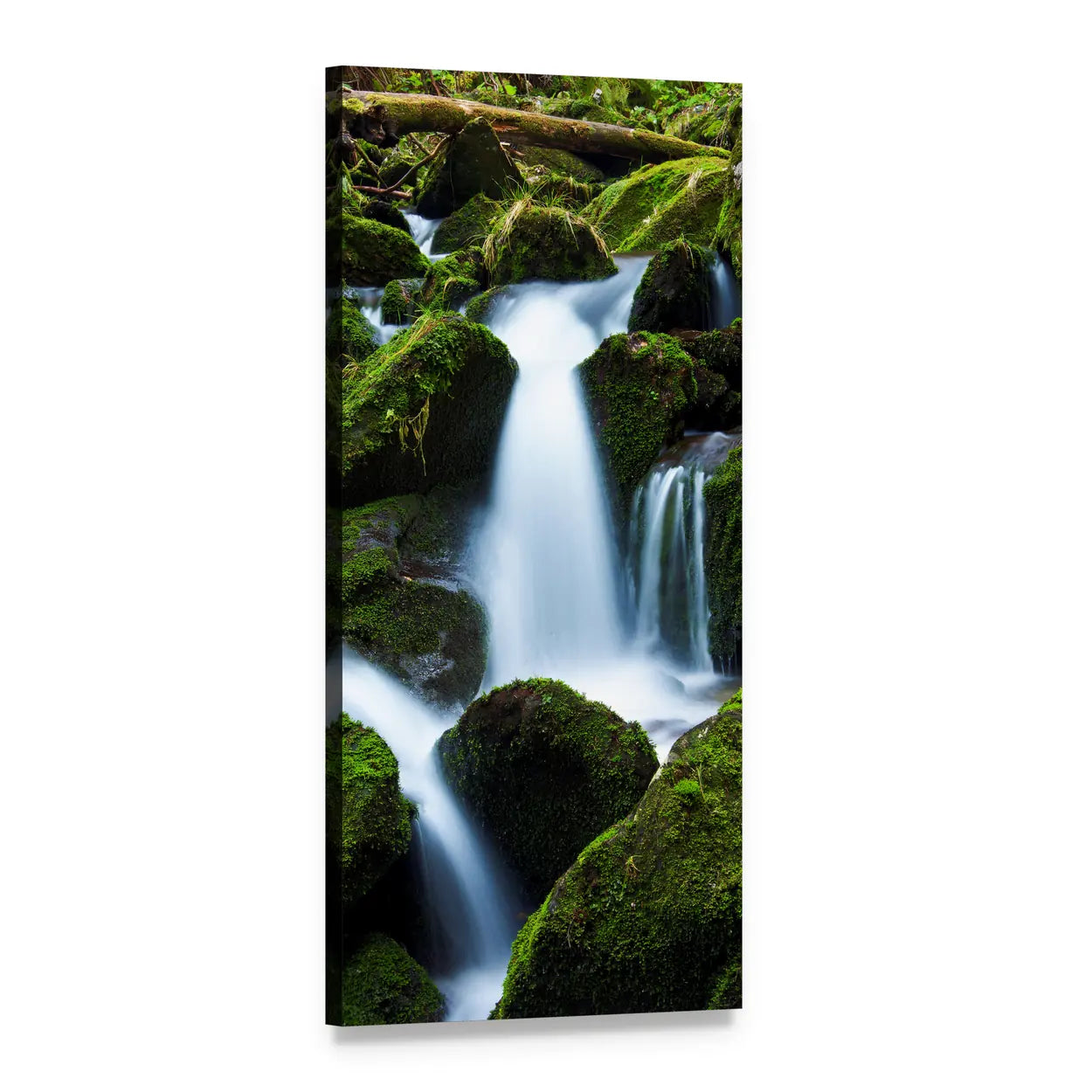 Creek Falls with Mossy Rocks Vertical Canvas Wall Art, 1 panel 1 Vertical layout gallery wrapped canvas set, angled product view