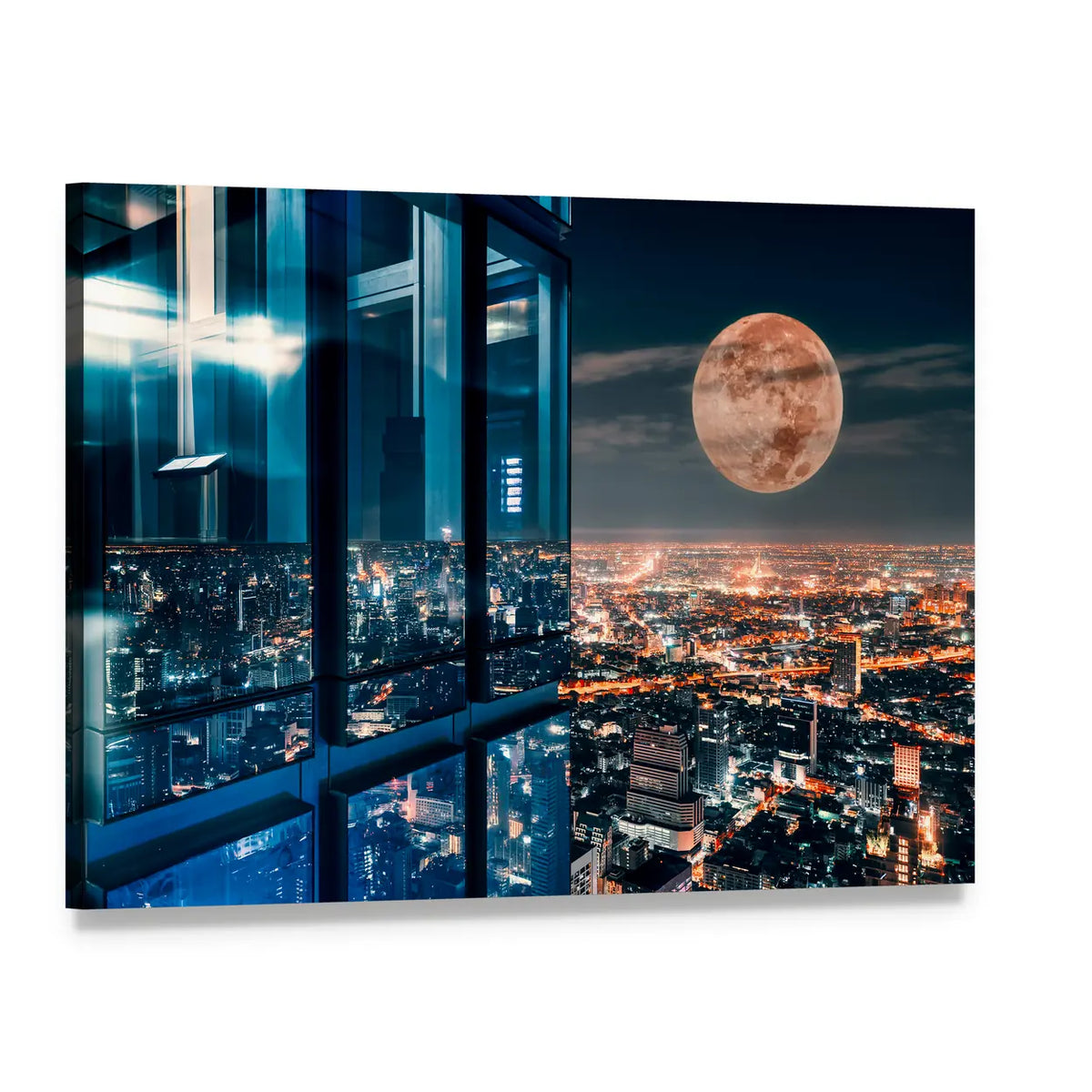 Bangkok Night Skyline with Full Moon Canvas Wall Art, single panel gallery wrapped canvas, angled product view