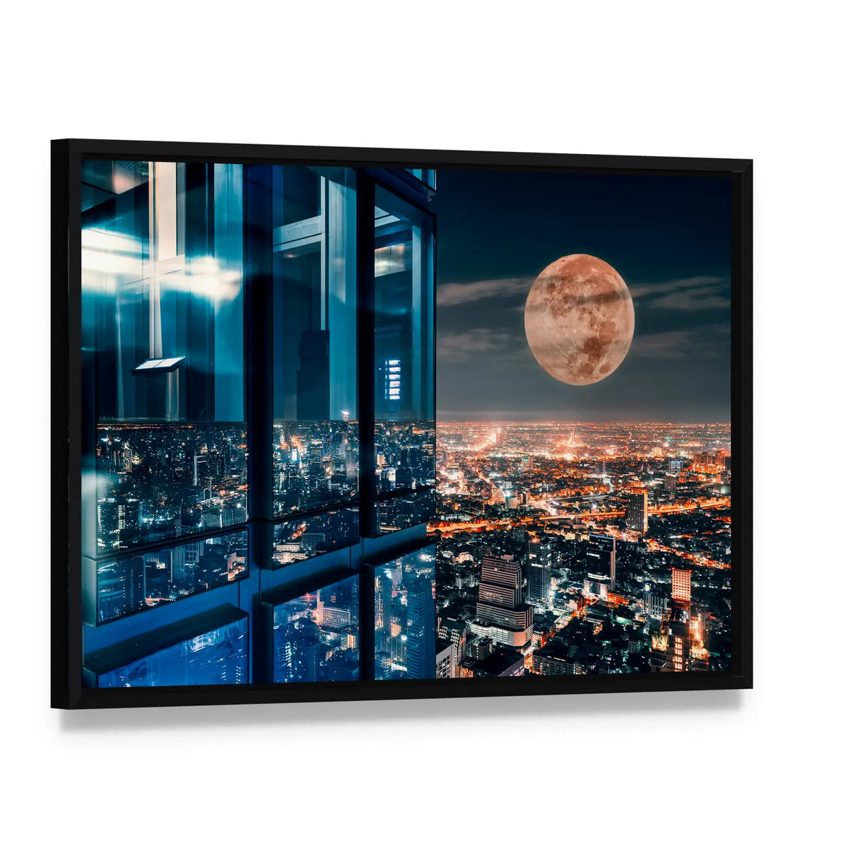 Bangkok Night Skyline with Full Moon Canvas Wall Art, framed canvas in a black floater frame, angled product view