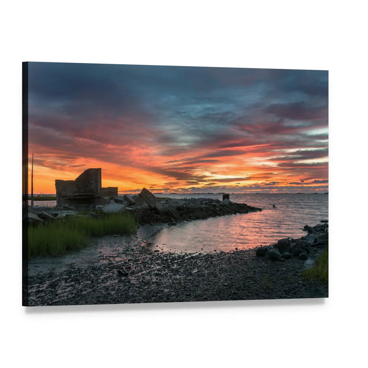 Coastal Sunset with Concrete Ruins Canvas Wall Art, single panel gallery wrapped canvas, angled product view