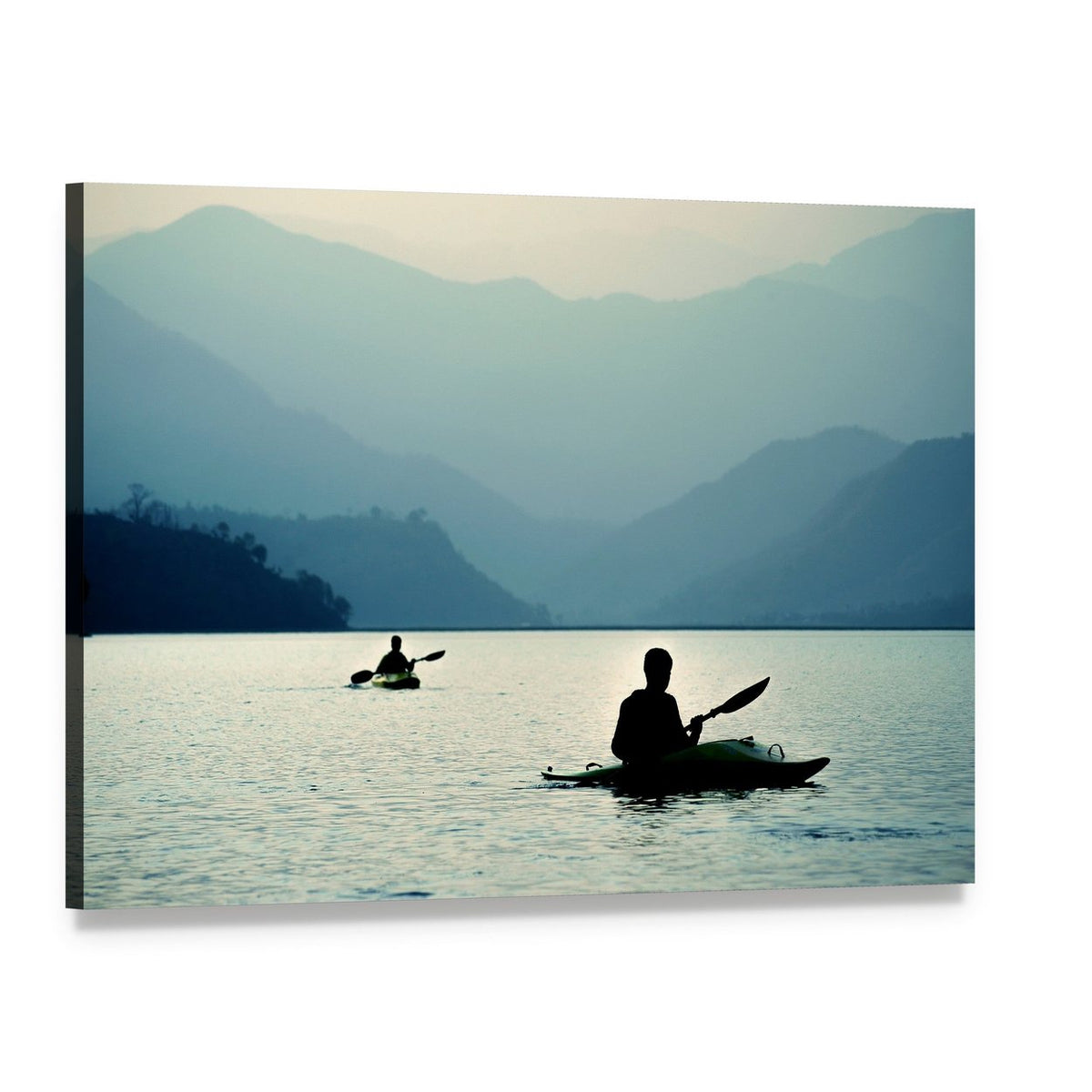 Silhouetted Kayakers at Sunset Canvas Wall Art, single panel gallery wrapped canvas, angled product view