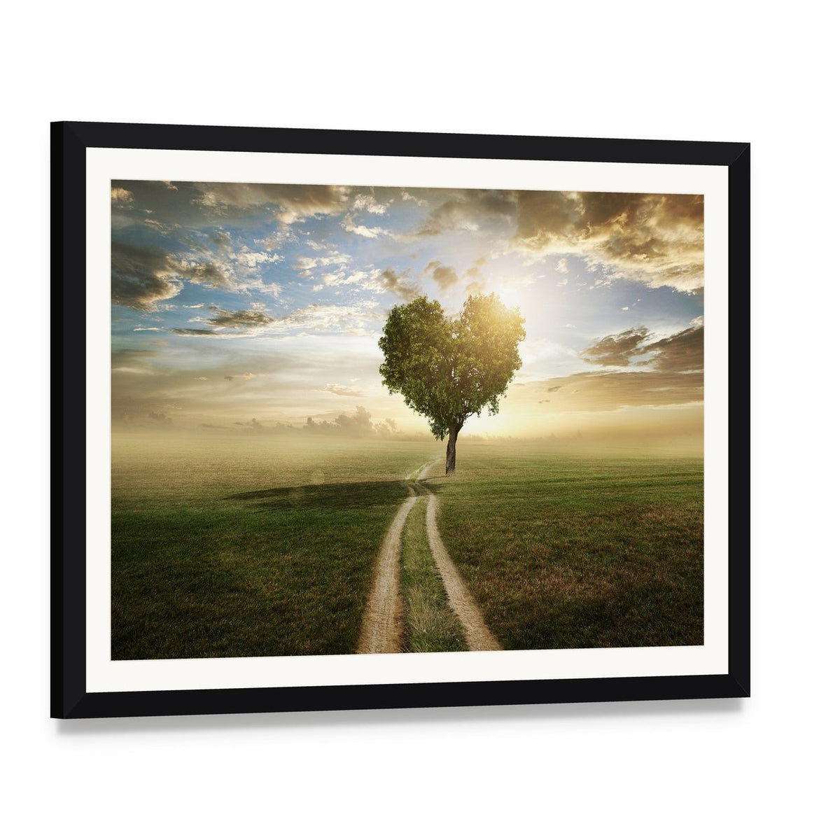 Heart Shaped Tree at Sunset Canvas Wall Art, framed print with white mat and black frame, angled product view