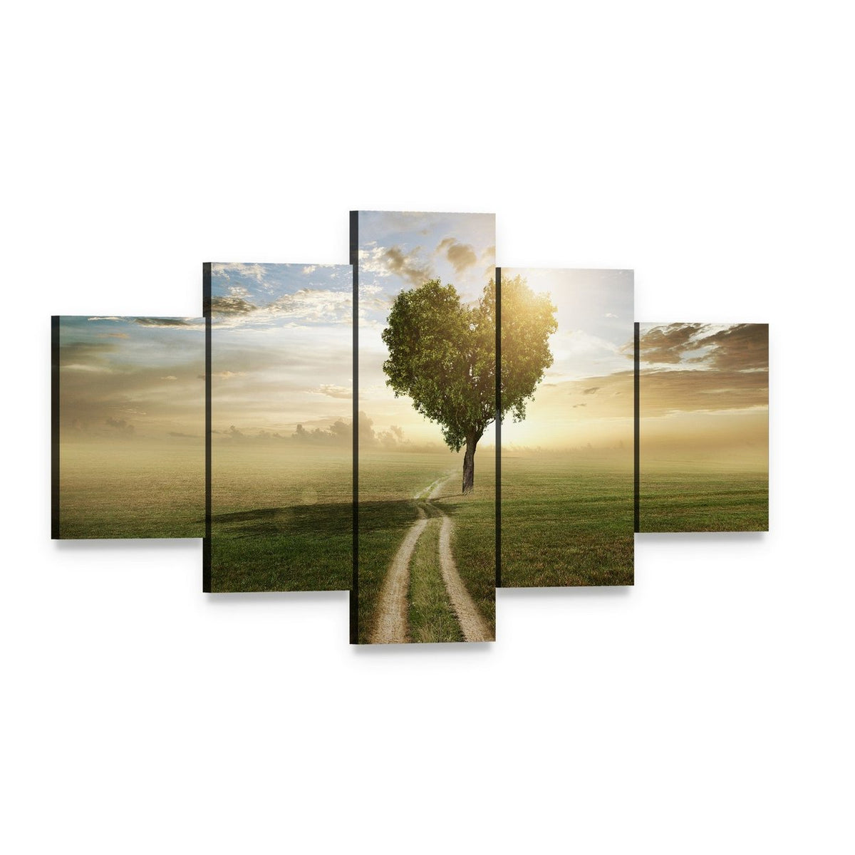 Heart Shaped Tree at Sunset Canvas Wall Art, 5 panel 5 Star layout gallery wrapped canvas set, angled product view