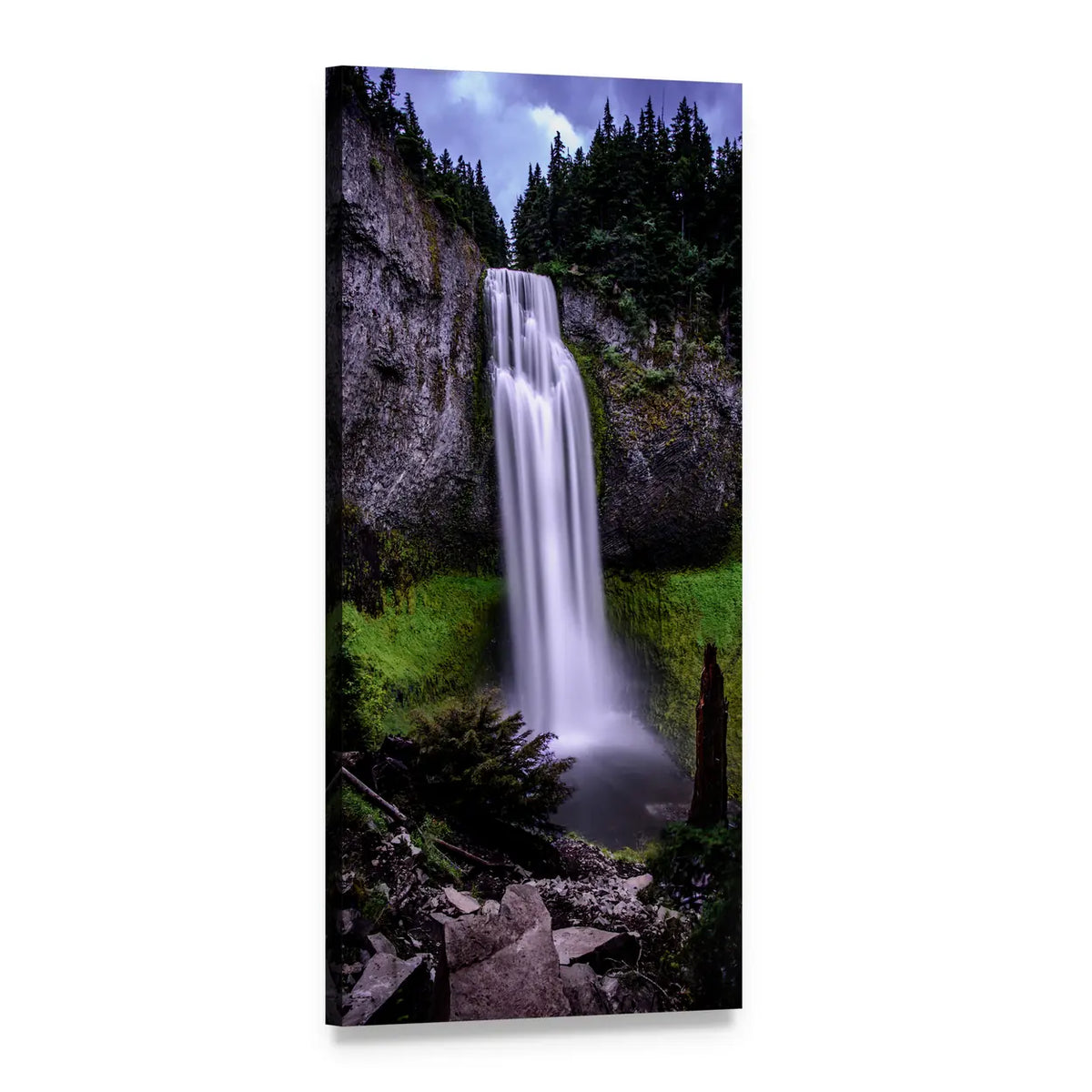 Misty Mountain Waterfall in Forest Vertical Canvas Wall Art, 1 panel 1 Vertical layout gallery wrapped canvas set, angled product view