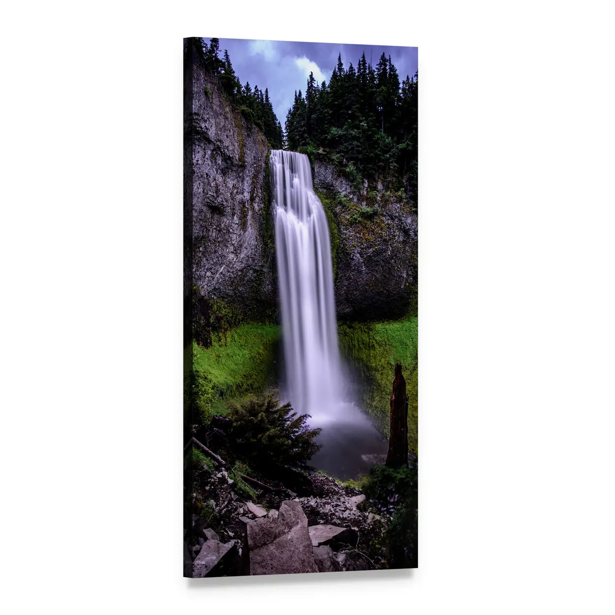 Daytime Forest Waterfall Vertical Canvas Wall Art, 1 panel 1 Vertical layout gallery wrapped canvas set, angled product view